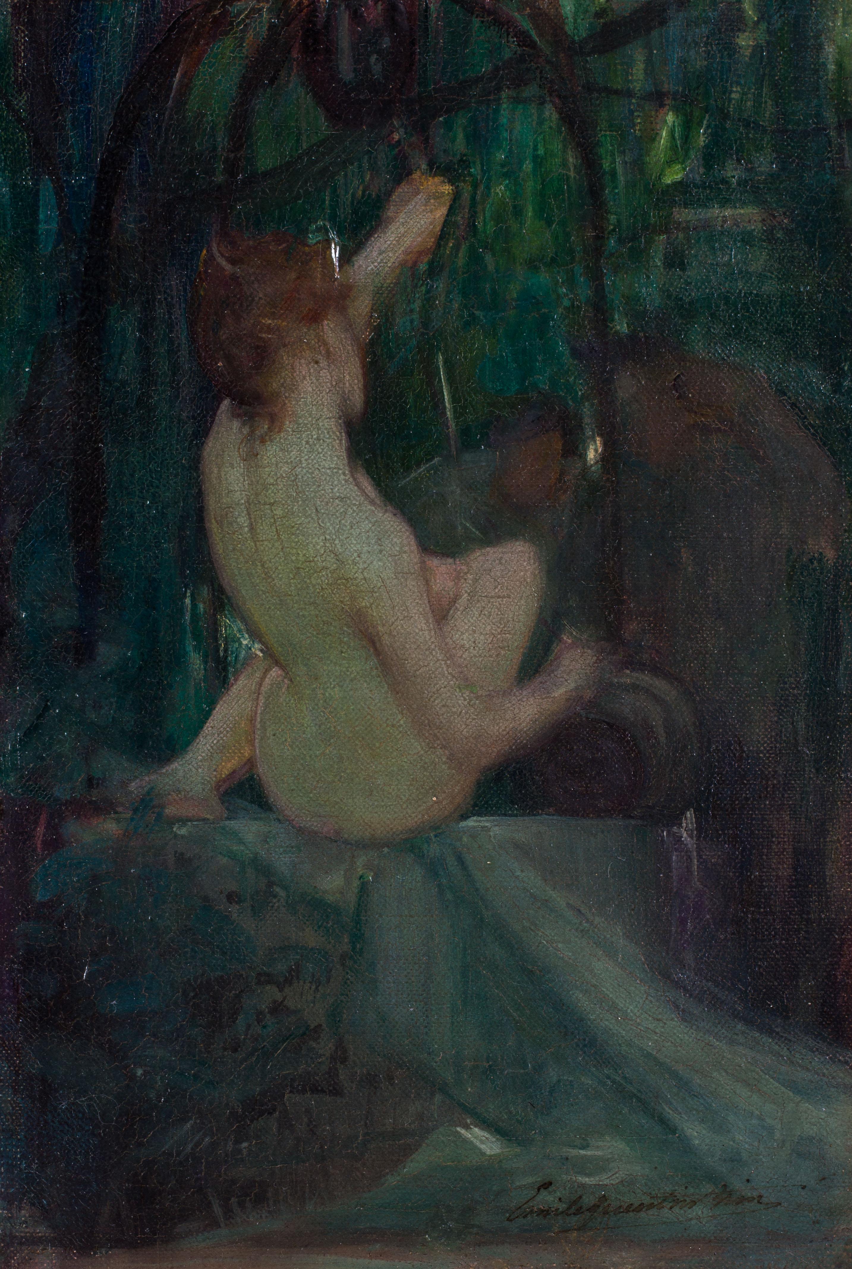 Original French Impressionist oil painting of a nude by a well, green tones - Painting by Quentin Emile Brin