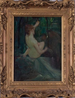 Original French Impressionist oil painting of a nude by a well, green tones