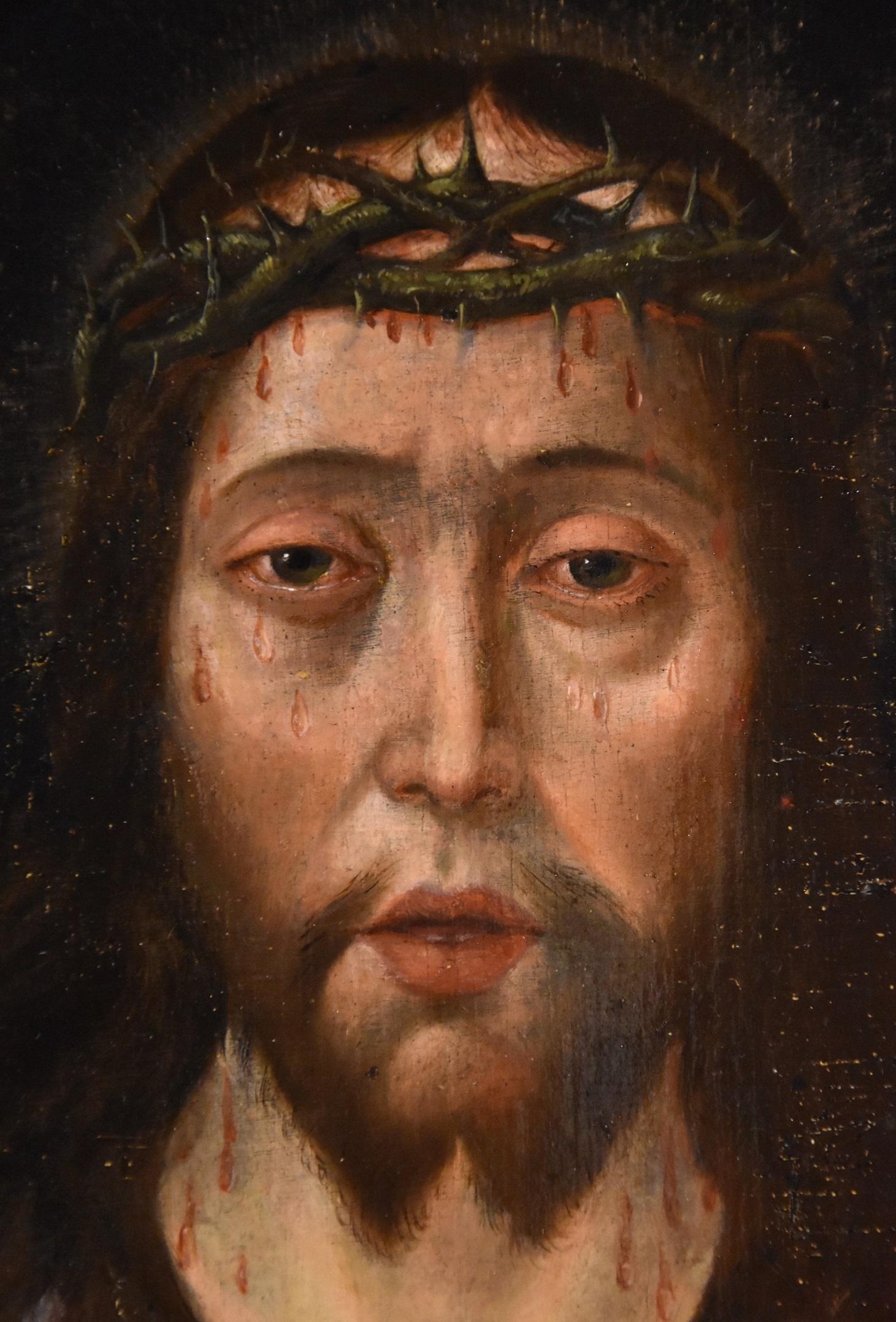 Ecce Homo Christ Metsys 16th Century Paint Oil on table Flemish Old master - Black Portrait Painting by Quentin Metsys (Leuven, 1466 - Antwerp, 1530)