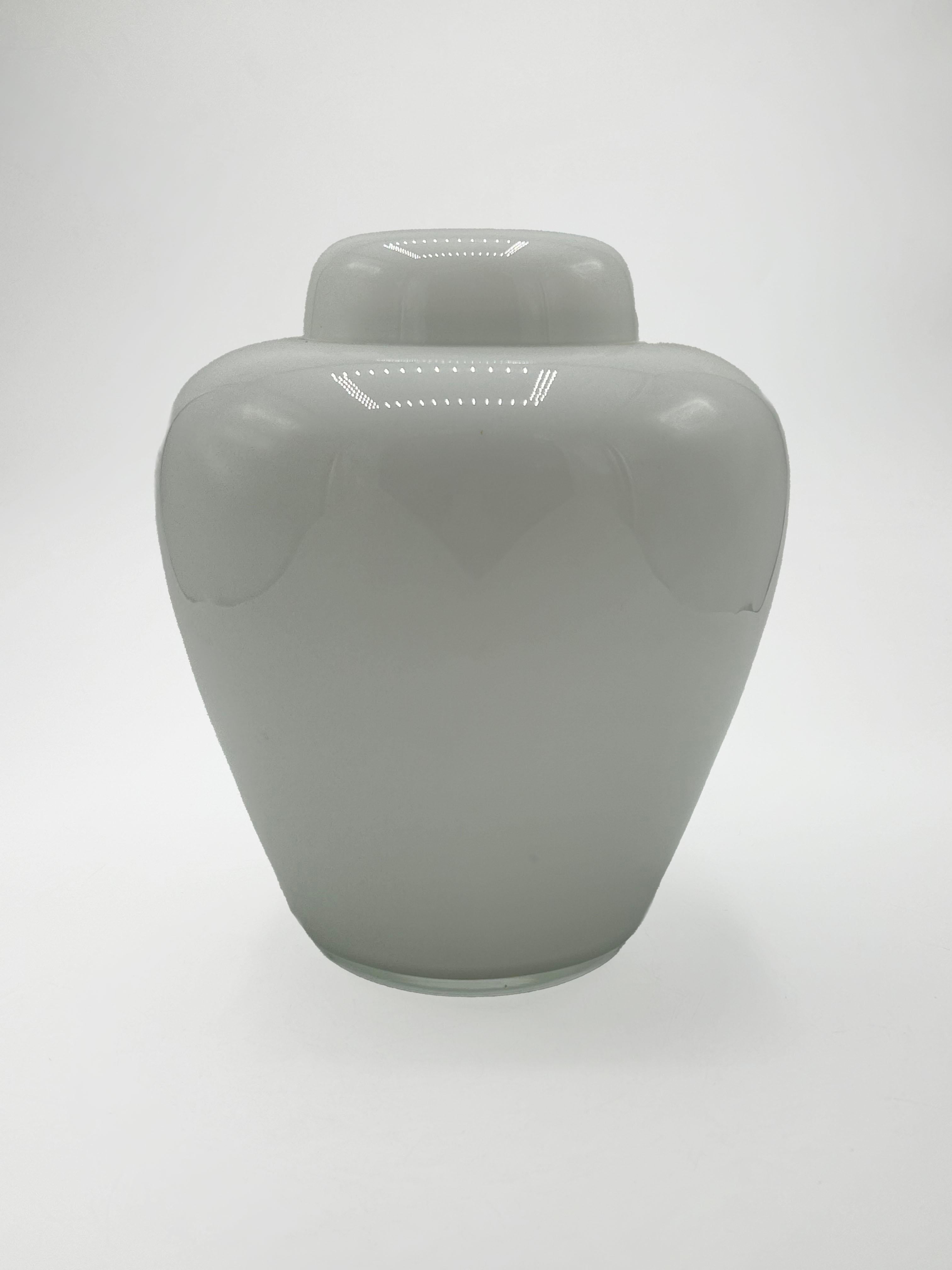Querandí White Glass Vase
The Querandí glass vase is a distinctive piece of design, with a body that gently widens toward the center and converges into a narrow base. Its shape resembles a stylized amphora or jar. It is made of milky white glass,