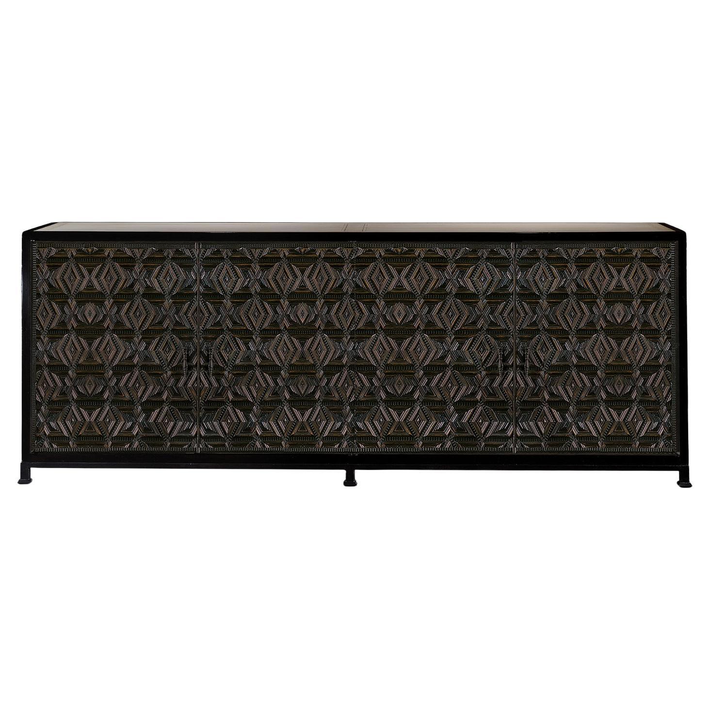 Queretano Buffet, a Statement Piece with Intricate Wood Decoration and Iron base For Sale
