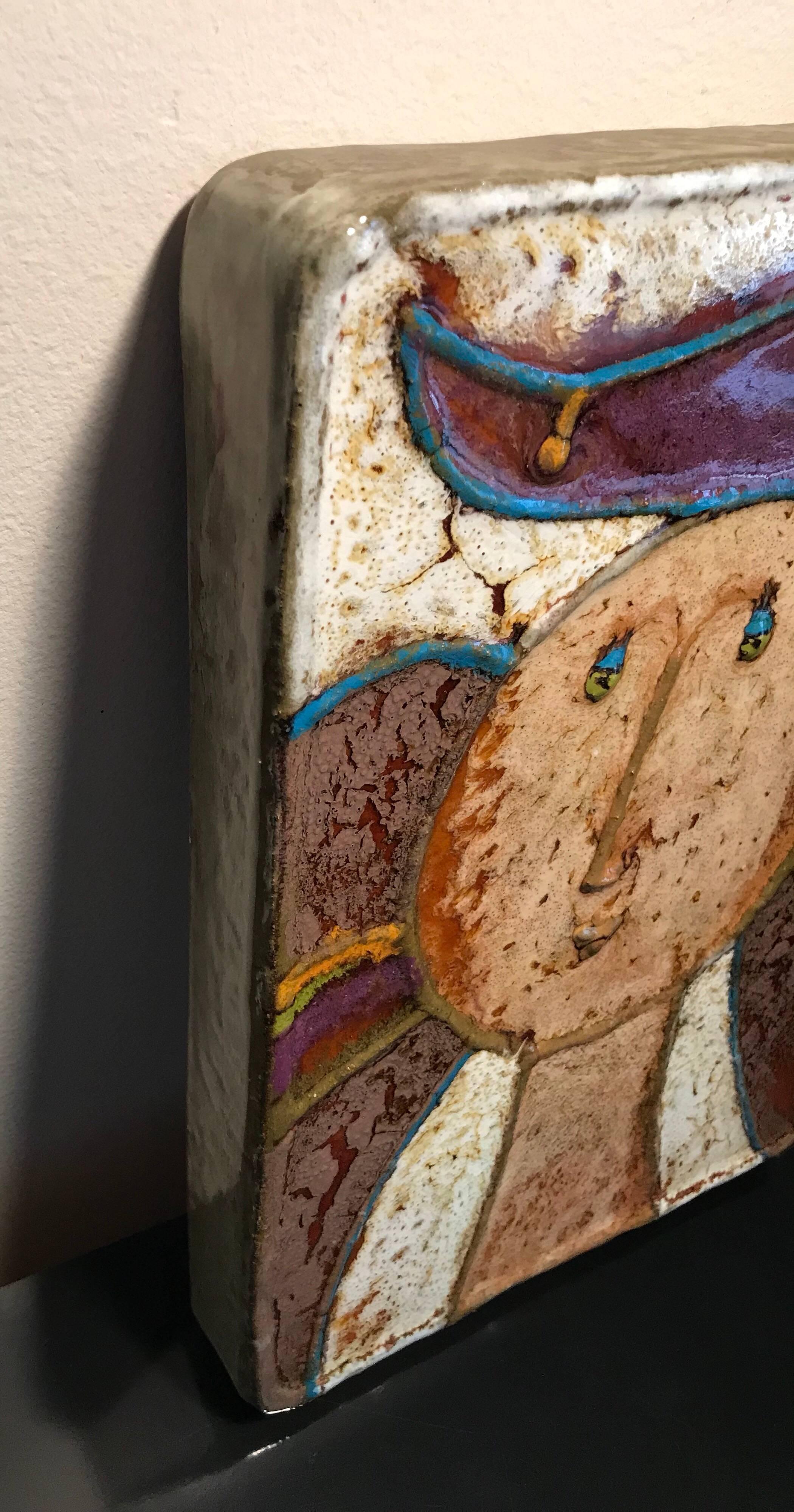 Late 20th Century Querubim Lapa Enameled Ceramic Wall Plaque Sculpture