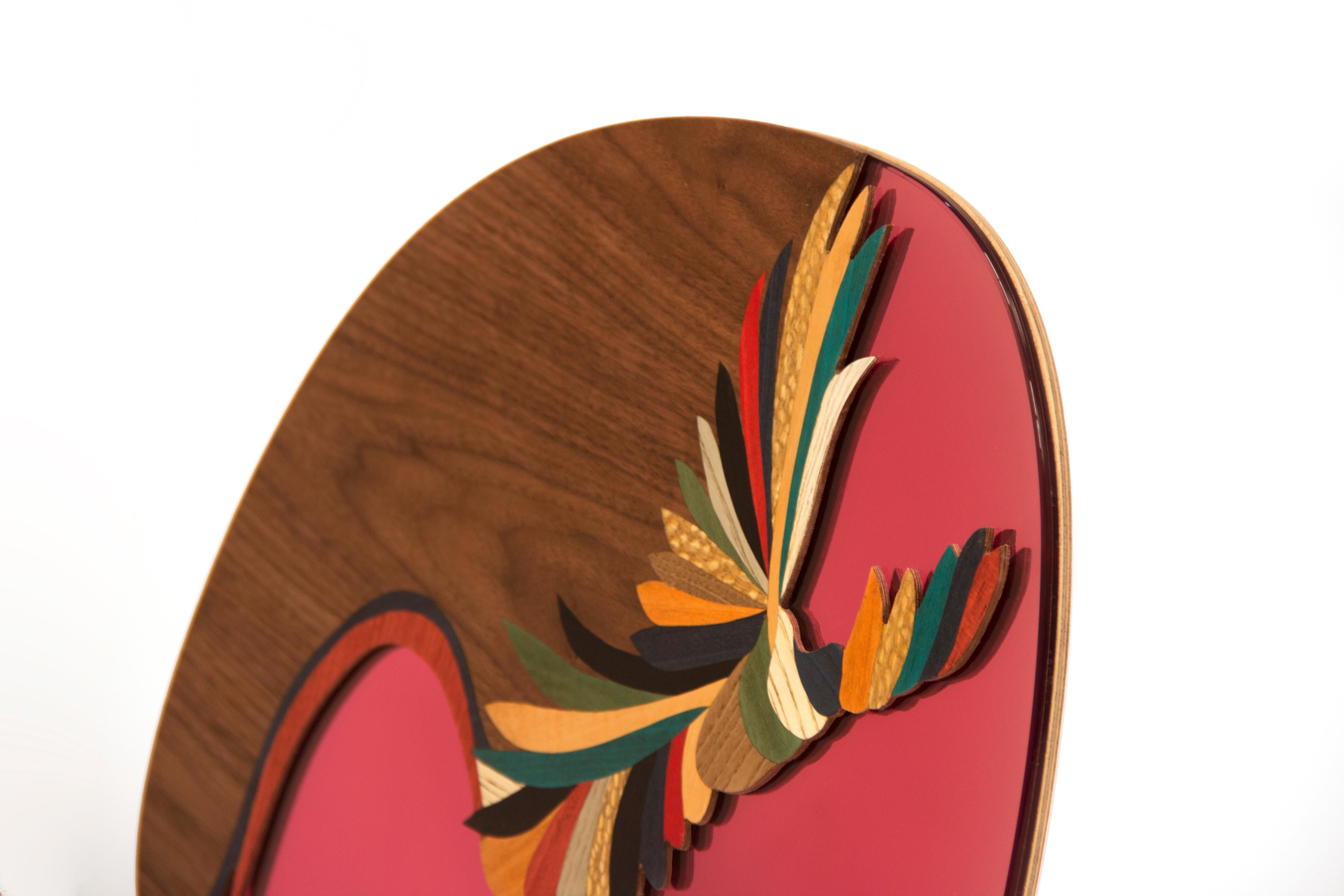 Modern Quetzal Pink Mirror by Mool, Decorative Item Marquetry  For Sale