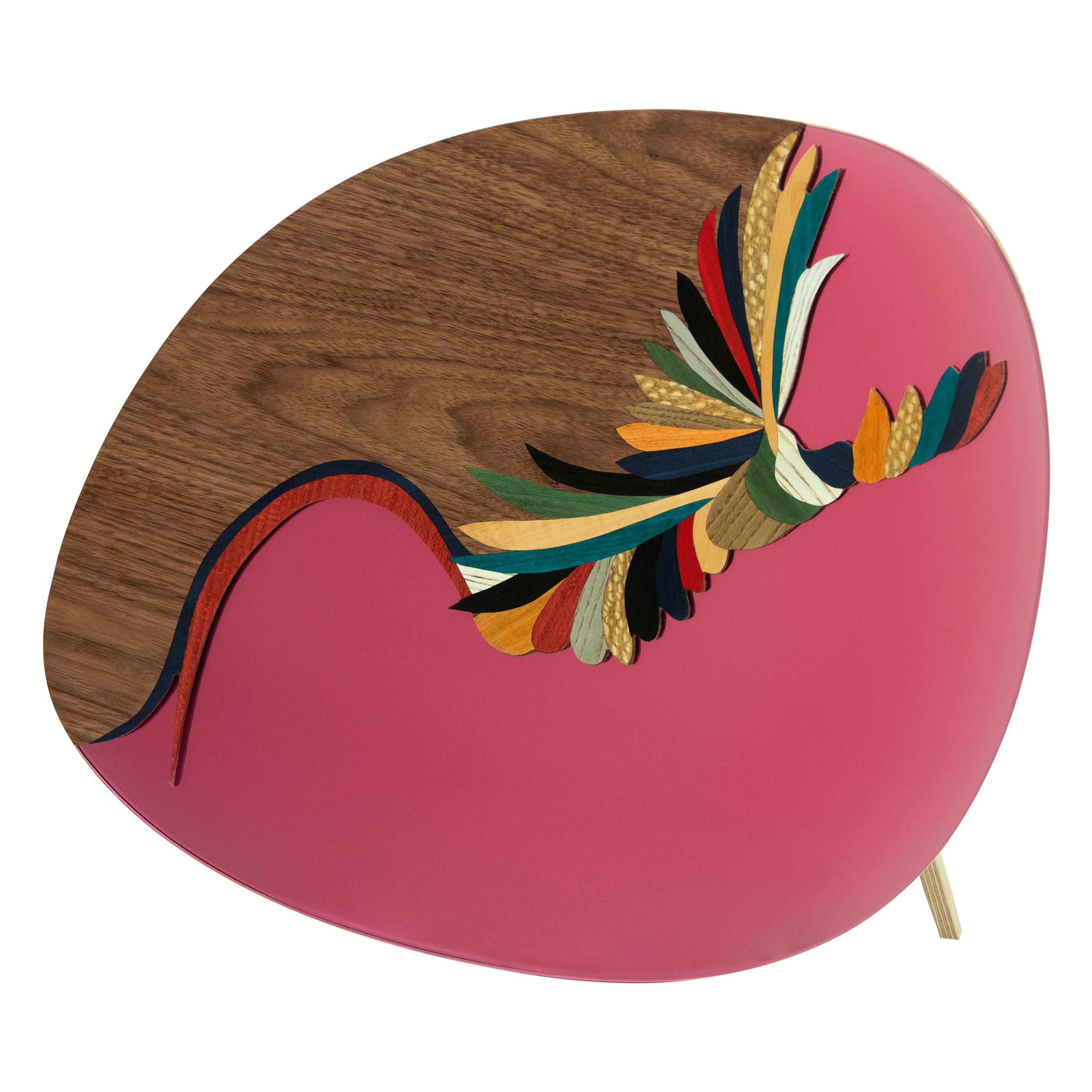 Quetzal Pink Mirror by Mool, Decorative Item Marquetry  For Sale