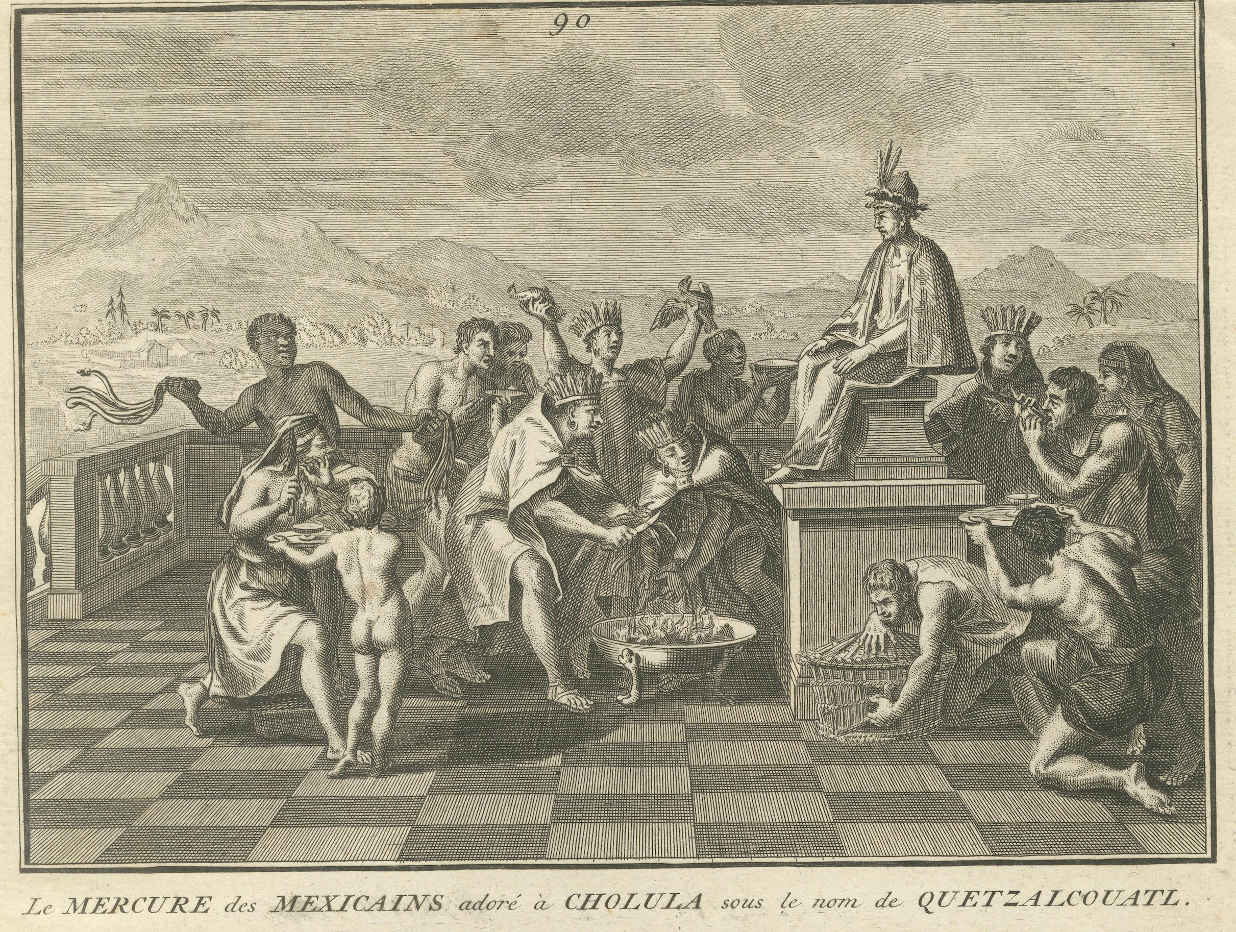Quetzalcoatl-Verehrung und Jagdgottheit - Seltene Gravur von 1734 mit aztekischen Ritualen im Angebot 4