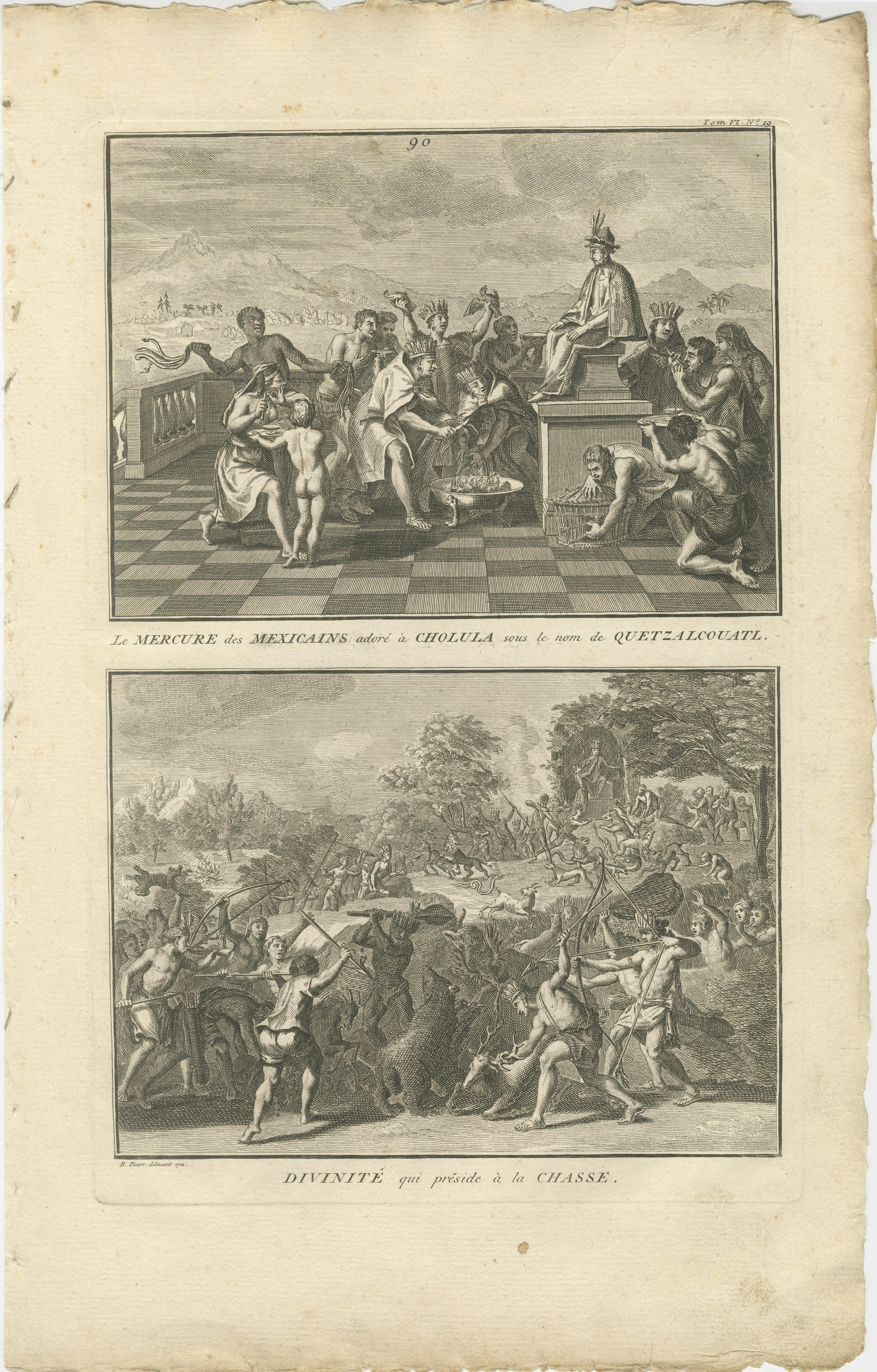 Quetzalcoatl-Verehrung und Jagdgottheit - Seltene Gravur von 1734 mit aztekischen Ritualen im Angebot 5