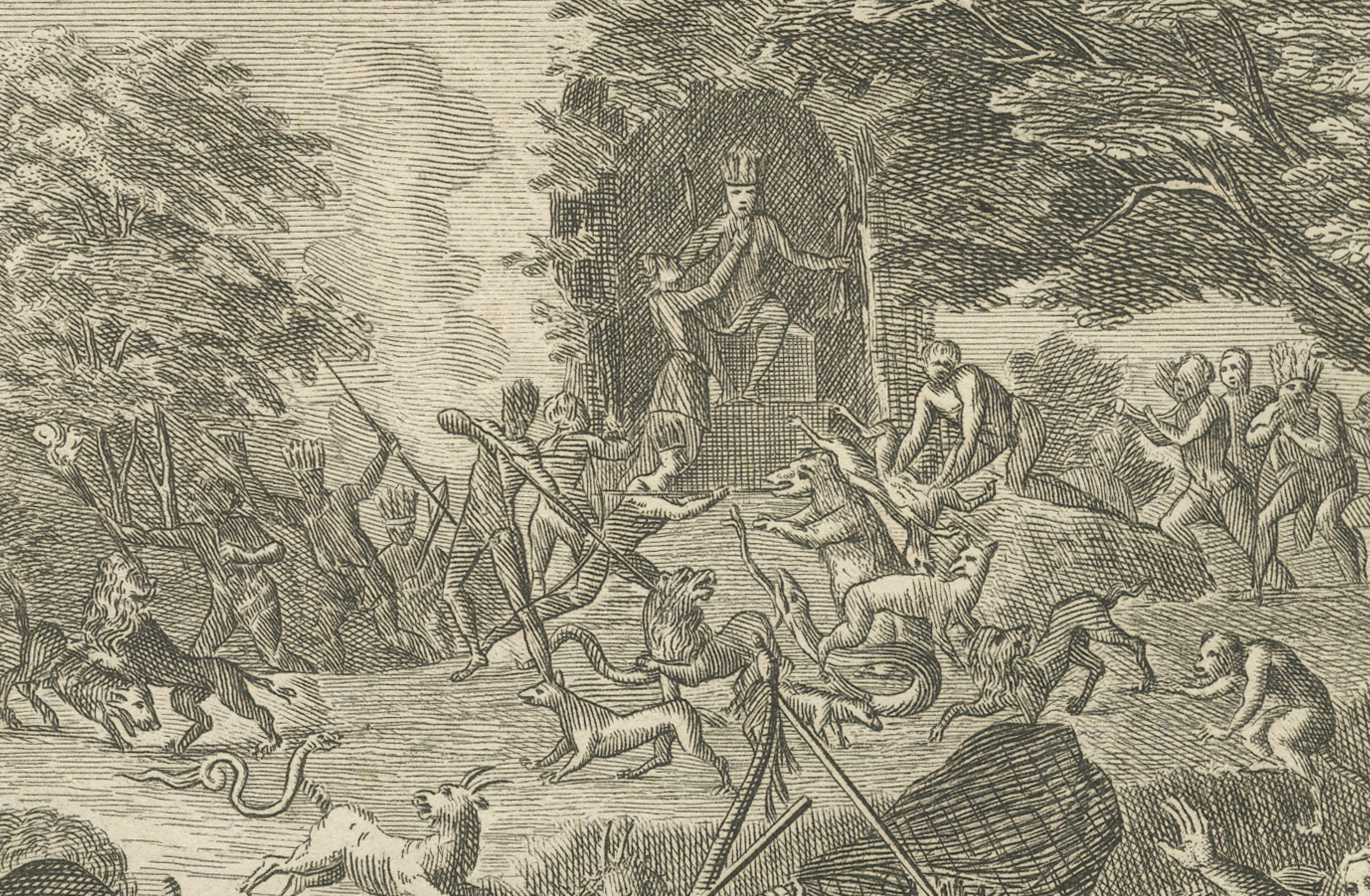 Quetzalcoatl-Verehrung und Jagdgottheit - Seltene Gravur von 1734 mit aztekischen Ritualen

Dieser detailreiche Kupferstich aus dem Jahr 1734 zeigt zwei theatralische Interpretationen religiöser Rituale im präkolumbianischen Mexiko, wie sie sich die