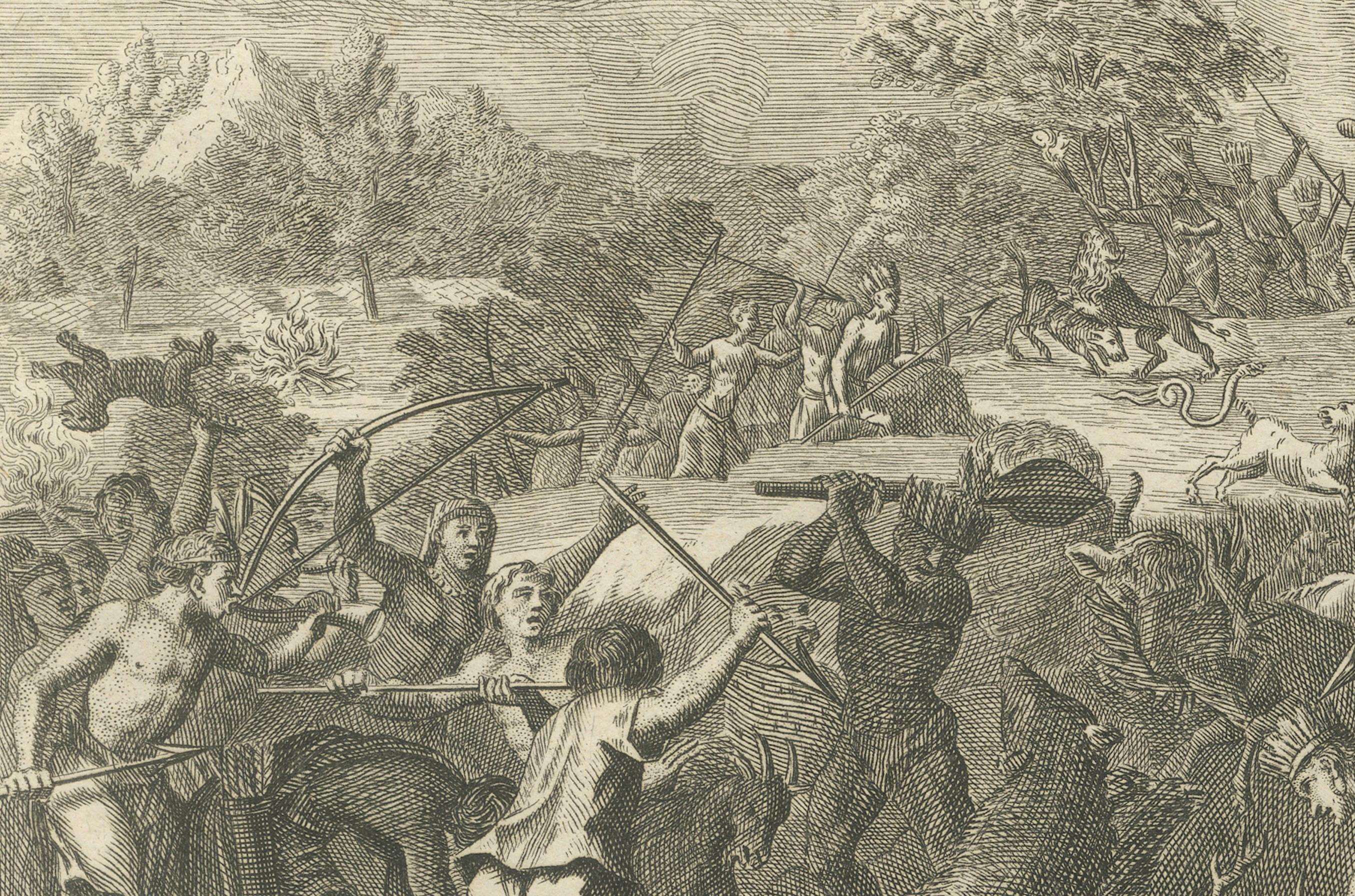Quetzalcoatl-Verehrung und Jagdgottheit - Seltene Gravur von 1734 mit aztekischen Ritualen (Graviert) im Angebot
