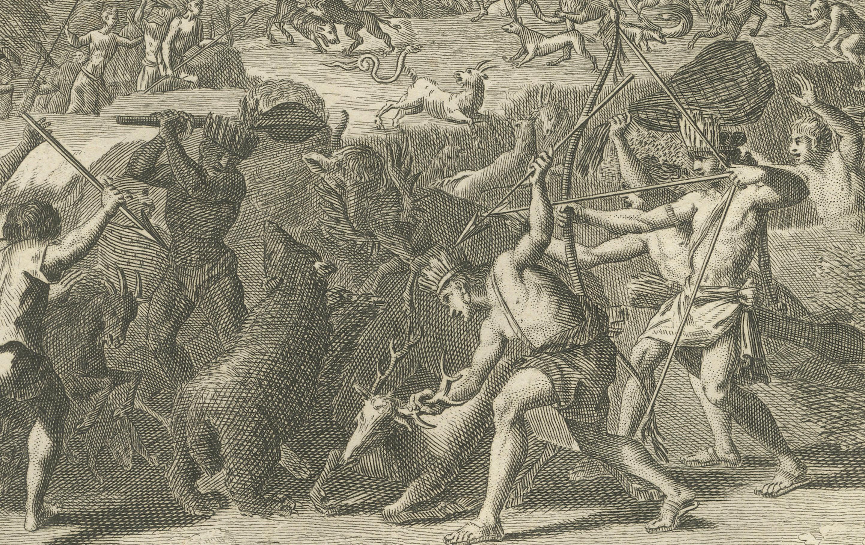 Quetzalcoatl-Verehrung und Jagdgottheit - Seltene Gravur von 1734 mit aztekischen Ritualen im Zustand „Gut“ im Angebot in Langweer, NL