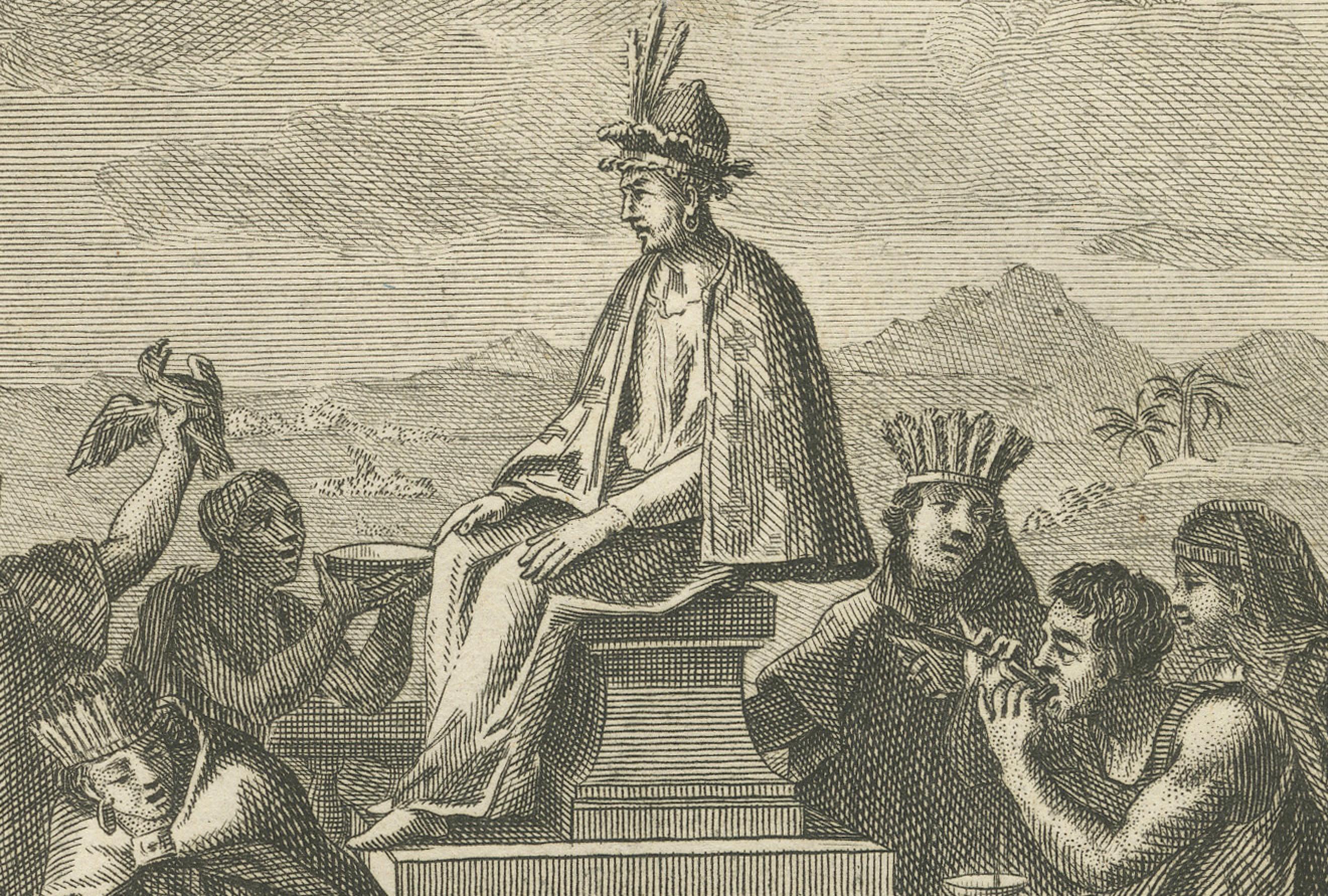 Quetzalcoatl-Verehrung und Jagdgottheit - Seltene Gravur von 1734 mit aztekischen Ritualen (Mitte des 18. Jahrhunderts) im Angebot