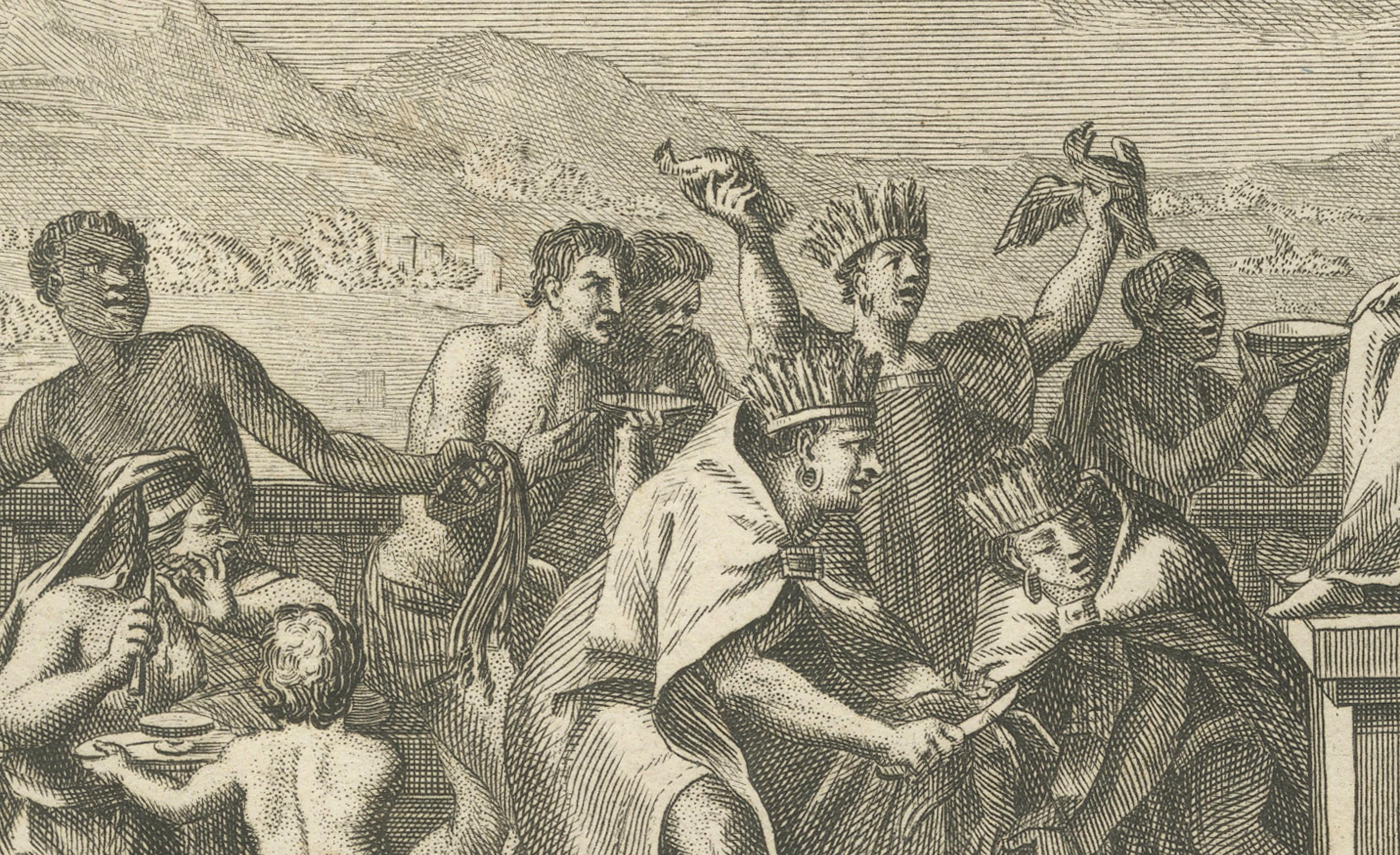 Quetzalcoatl-Verehrung und Jagdgottheit - Seltene Gravur von 1734 mit aztekischen Ritualen (Papier) im Angebot
