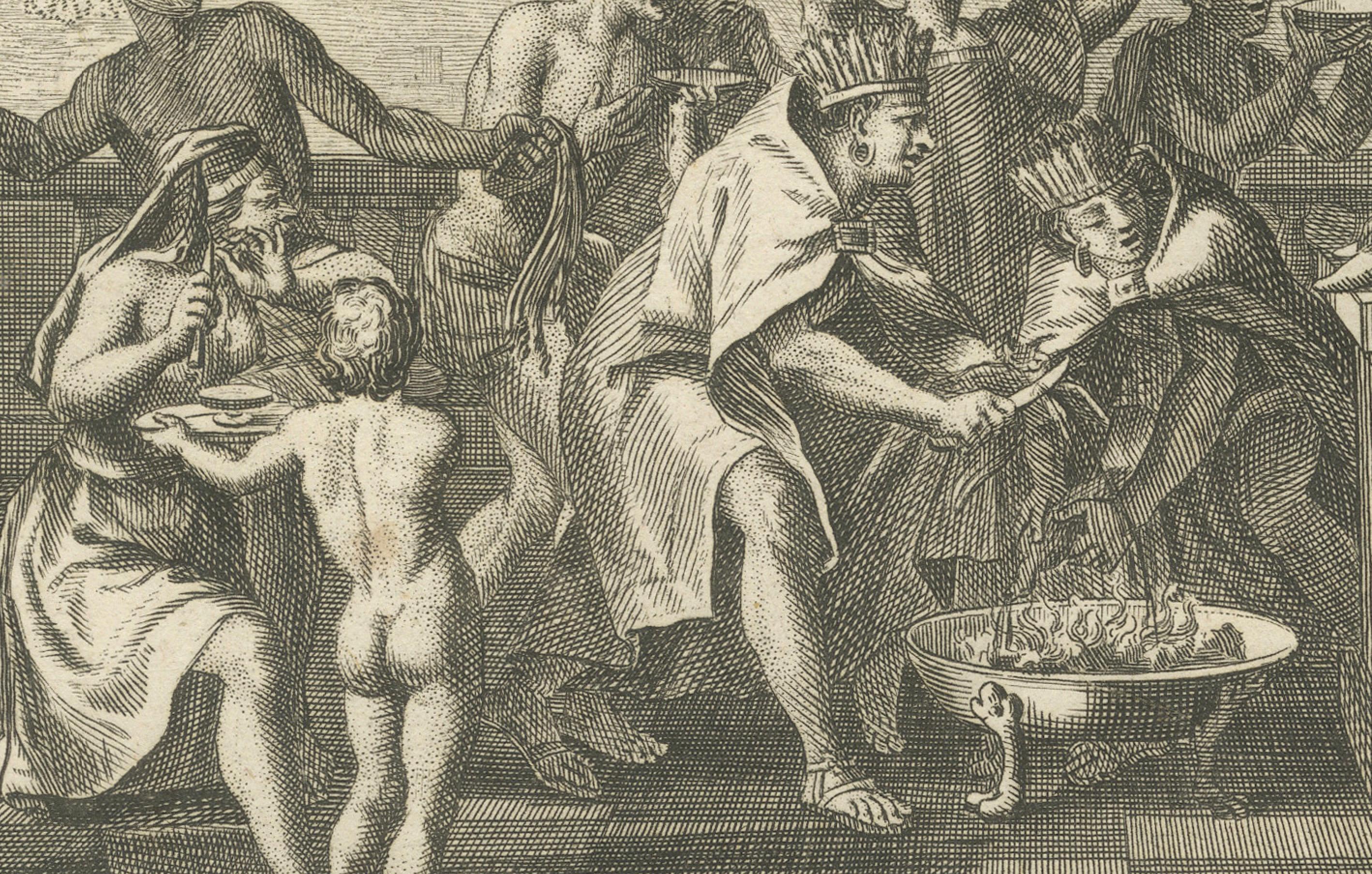 Quetzalcoatl-Verehrung und Jagdgottheit - Seltene Gravur von 1734 mit aztekischen Ritualen im Angebot 1
