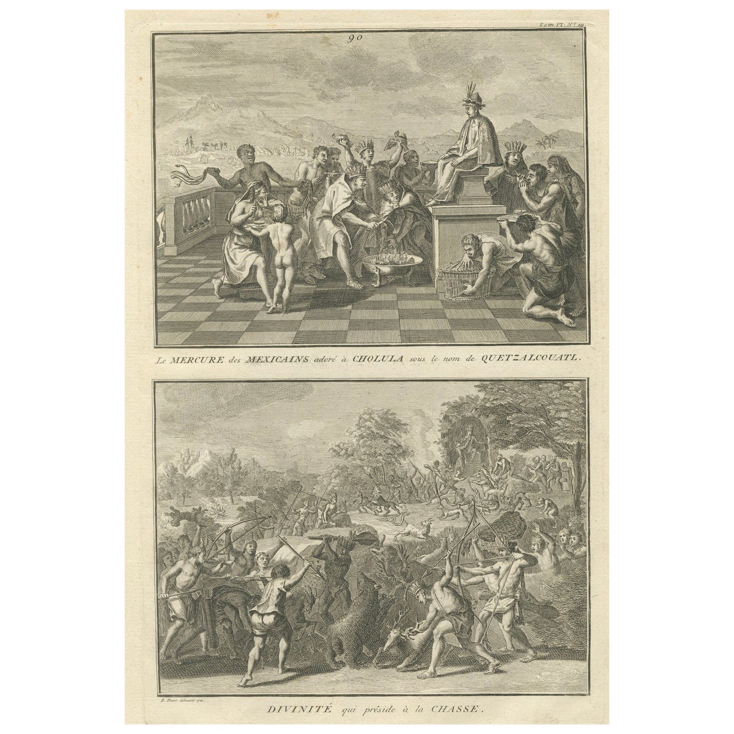 Culte de Quetzalcoatl et divinité de la chasse - Rare gravure de 1734 des rituels aztèques