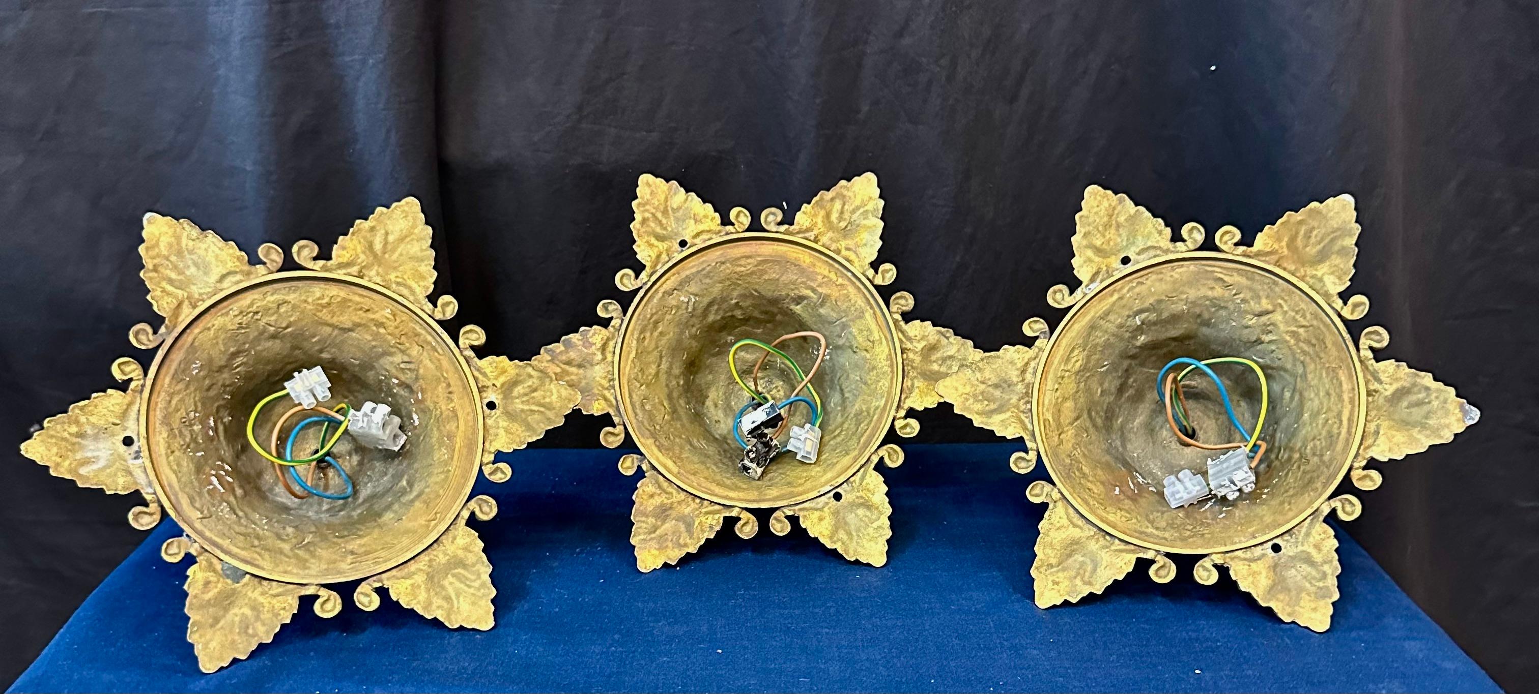 Bronze Quezal Art Glass Fixtures (3) For Sale