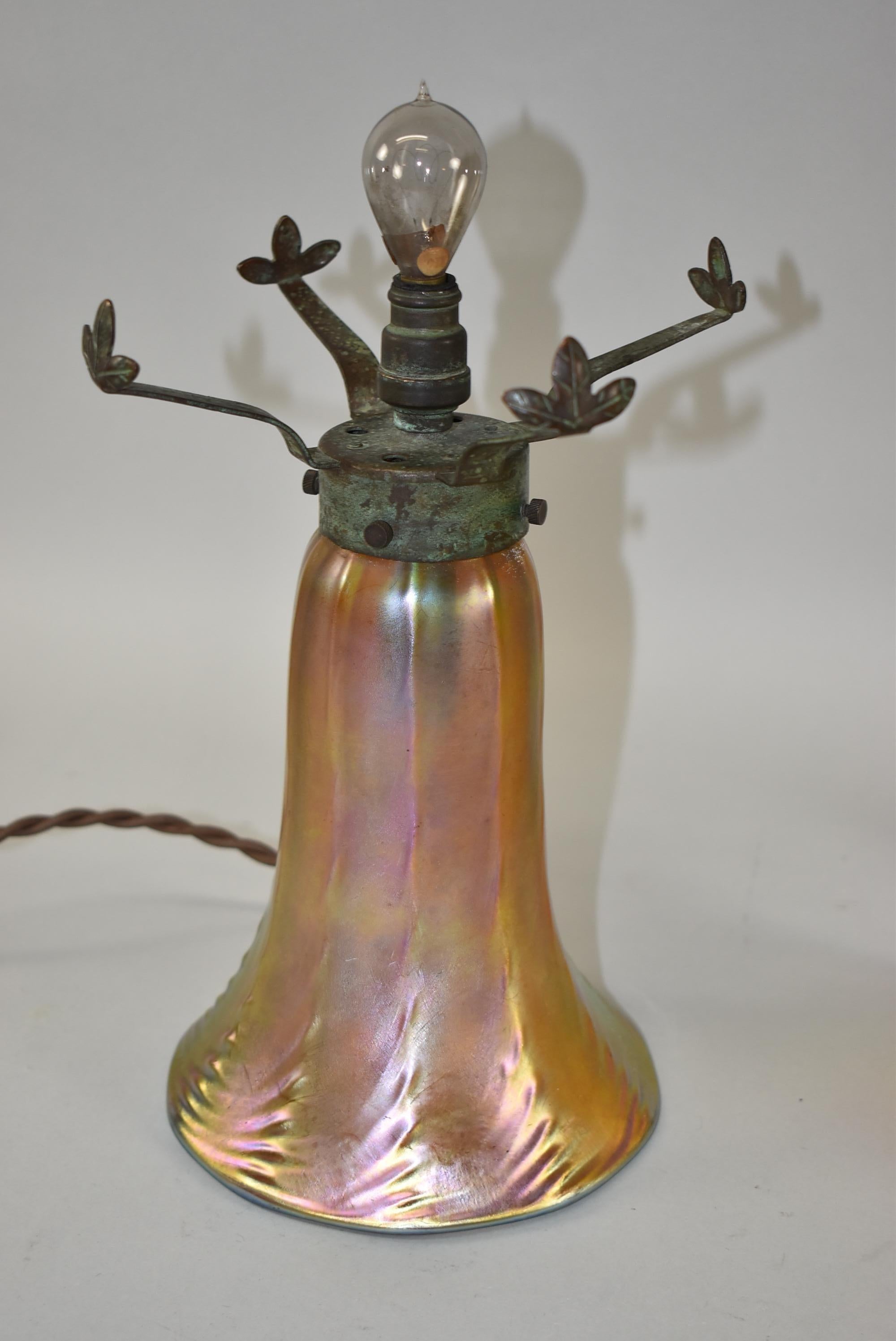 North American Quezal Art Glass Table Lamp Brass Mounts