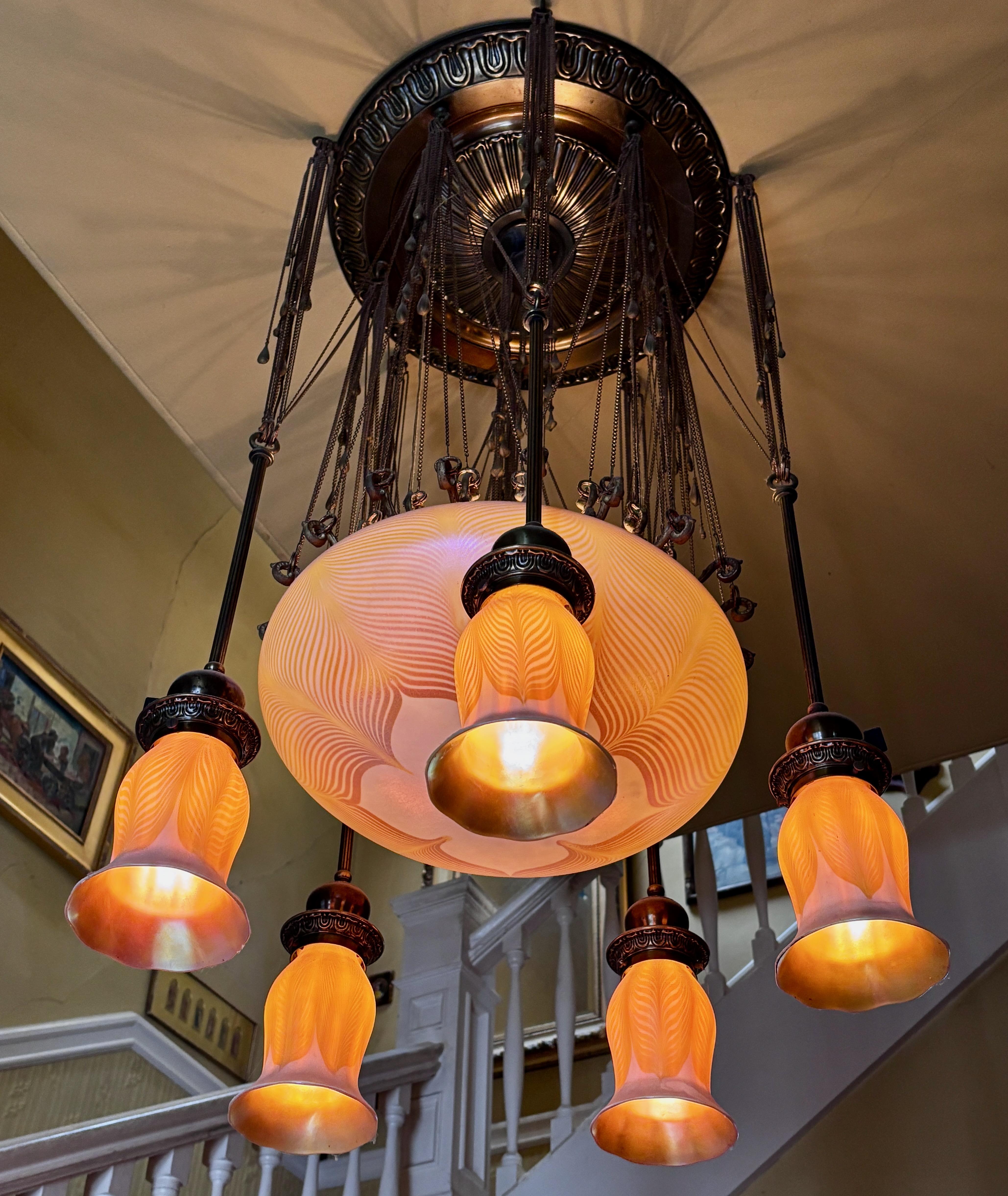 Quezal Art Nouveau Period Art Glass Chandelier In Good Condition For Sale In San Francisco, CA