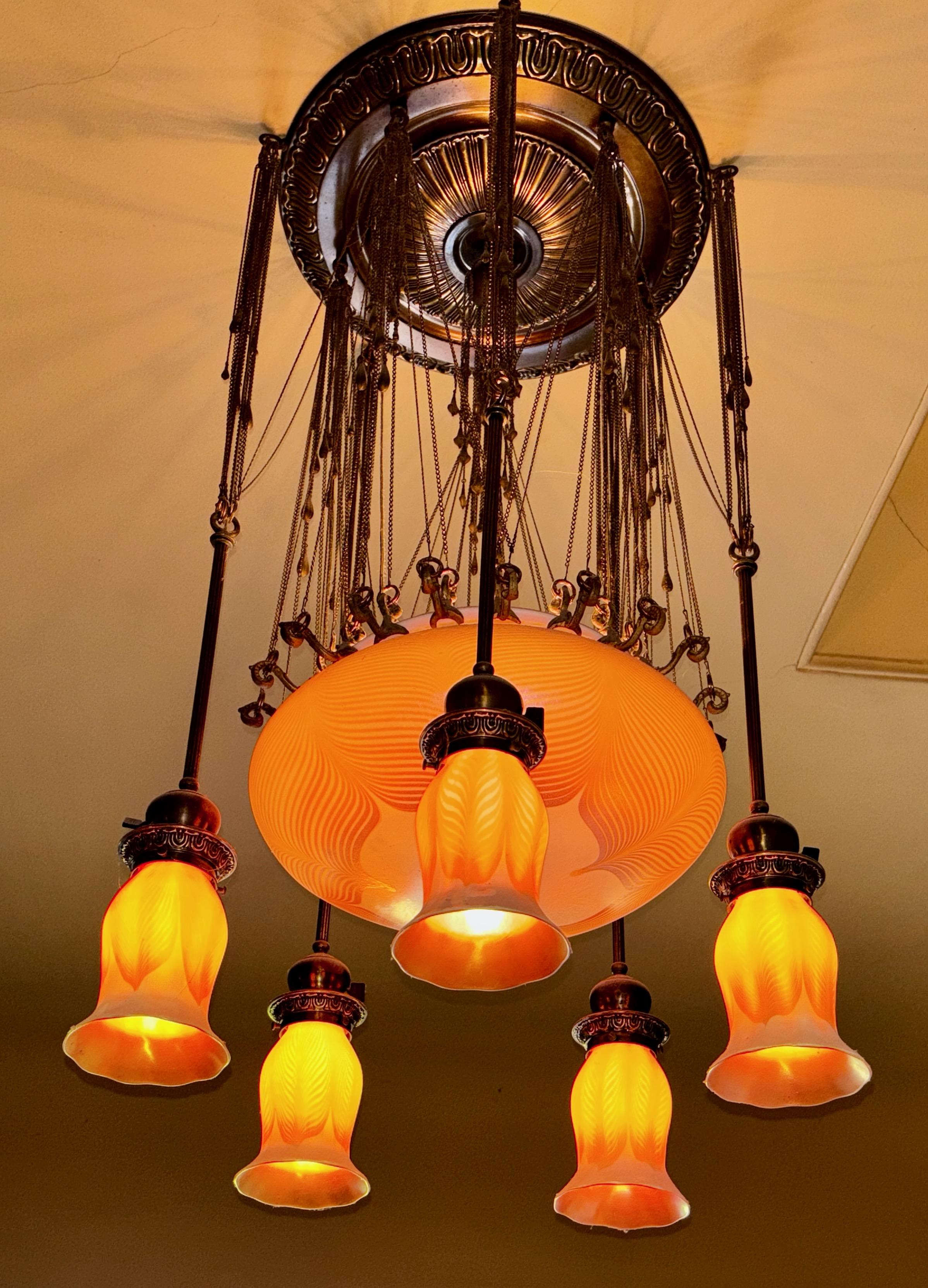 20th Century Quezal Art Nouveau Period Art Glass Chandelier For Sale