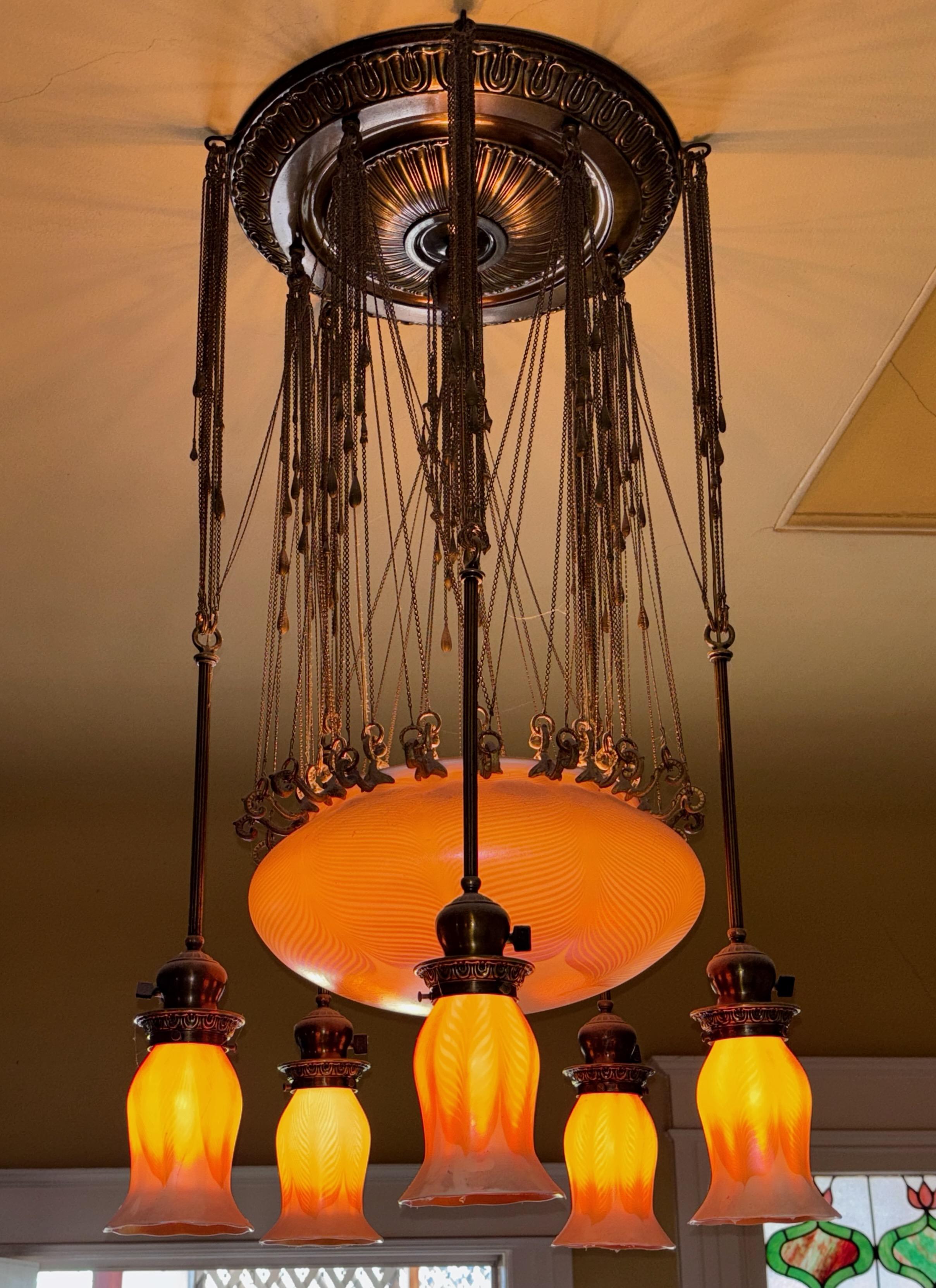 Brass Quezal Art Nouveau Period Art Glass Chandelier For Sale