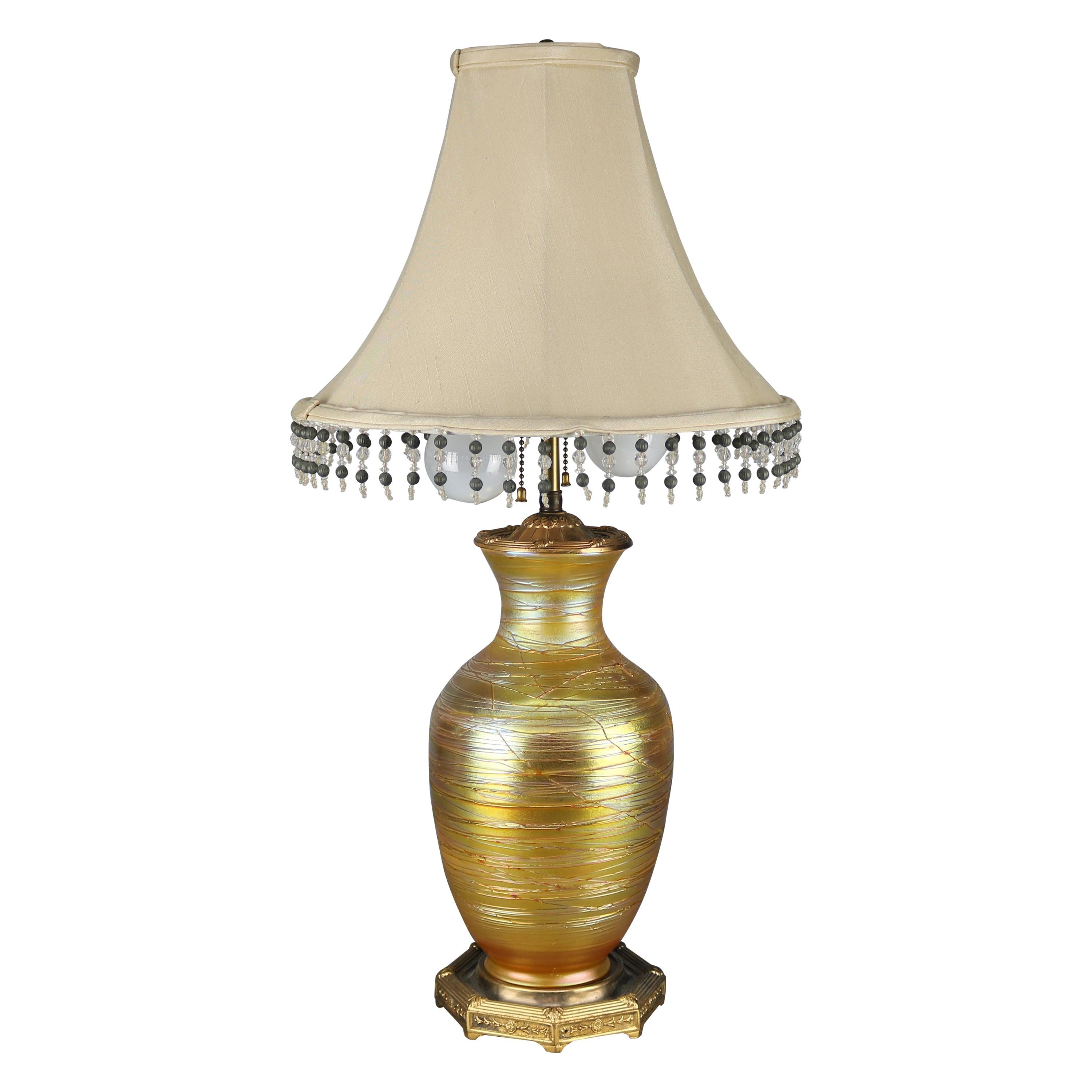 Antique Durand Slip Trail Art Glass Lamp, Circa 1920