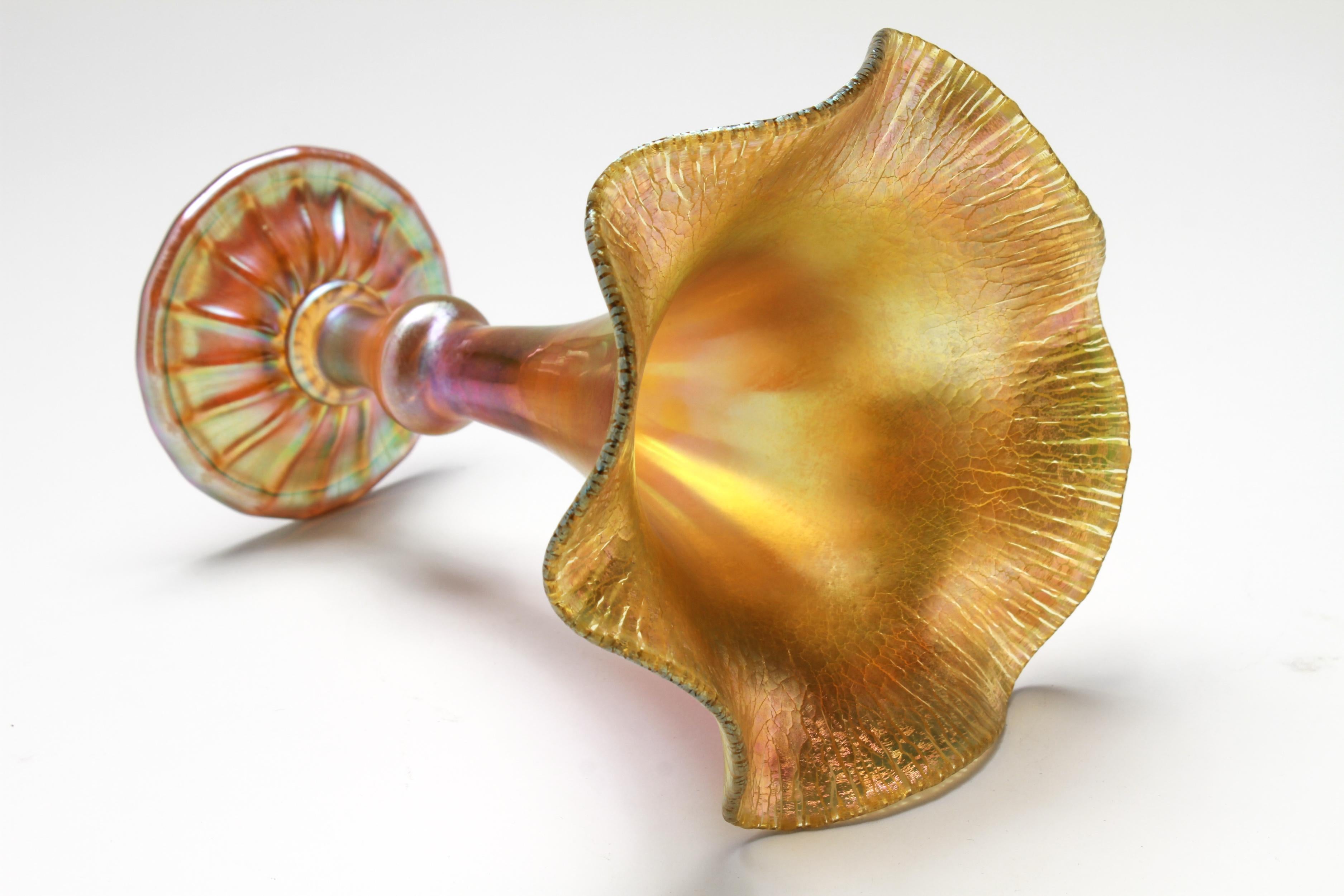 20th Century Quezal Iridescent Art Glass Ruffled Trumpet Vase