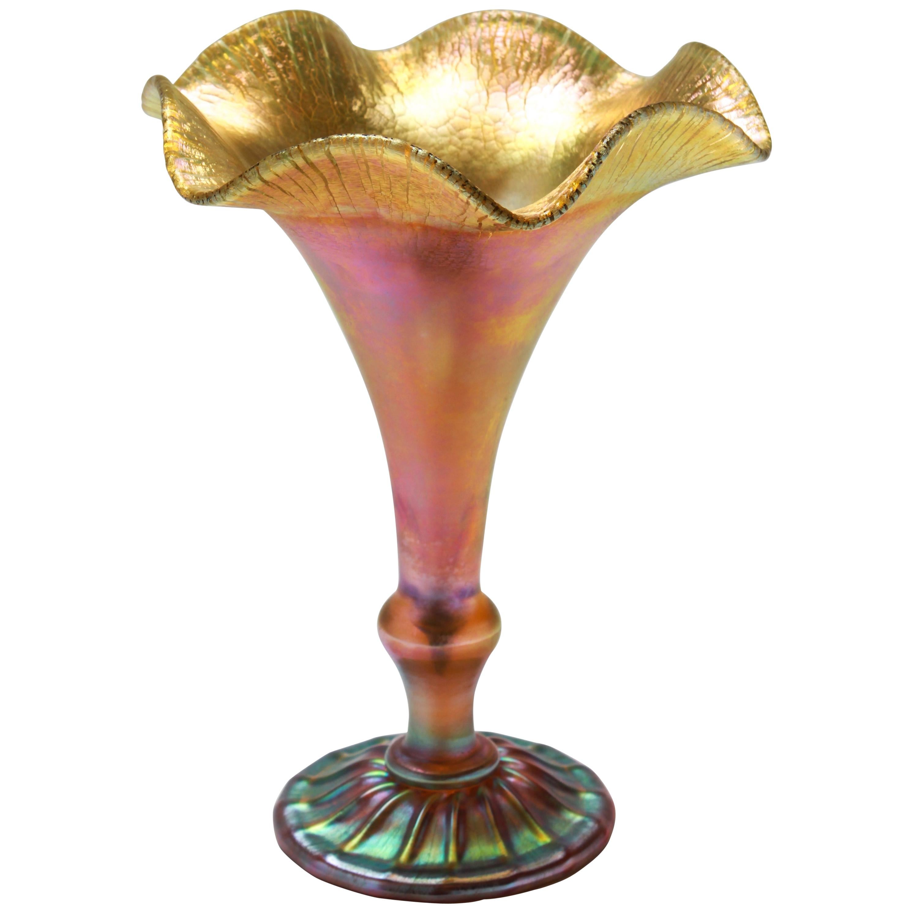 Quezal Iridescent Art Glass Ruffled Trumpet Vase