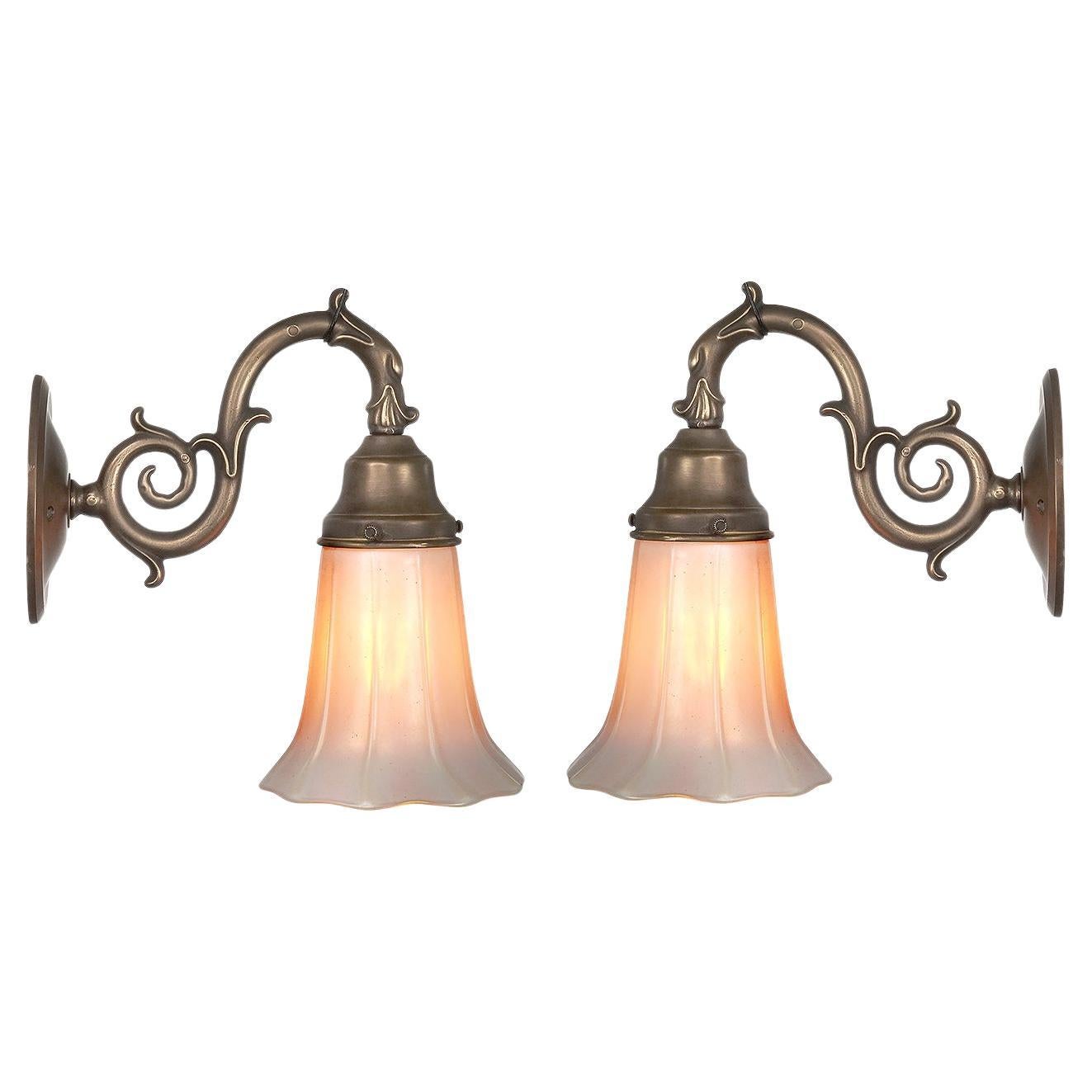 Quezal White Fluted Art Glass Shades with Aurene Interior - Sconce Matching Pair en vente