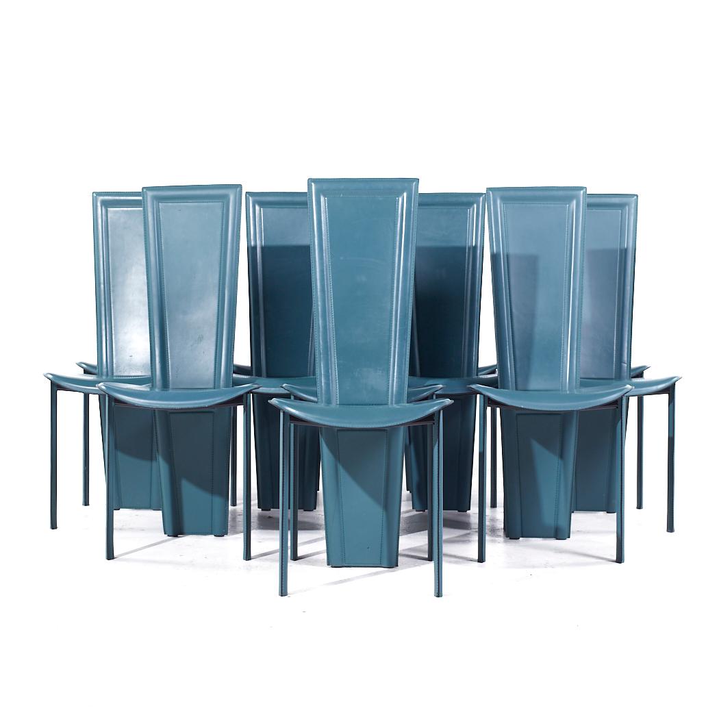 Quia Postmodern Italian Leather Dining Chairs - Set of 12

Each chair measures: 18 wide x 19 deep x 40.75 inches high, with a seat height/chair clearance of 18.75 inches

We take our photos in a controlled lighting studio to show as much detail as
