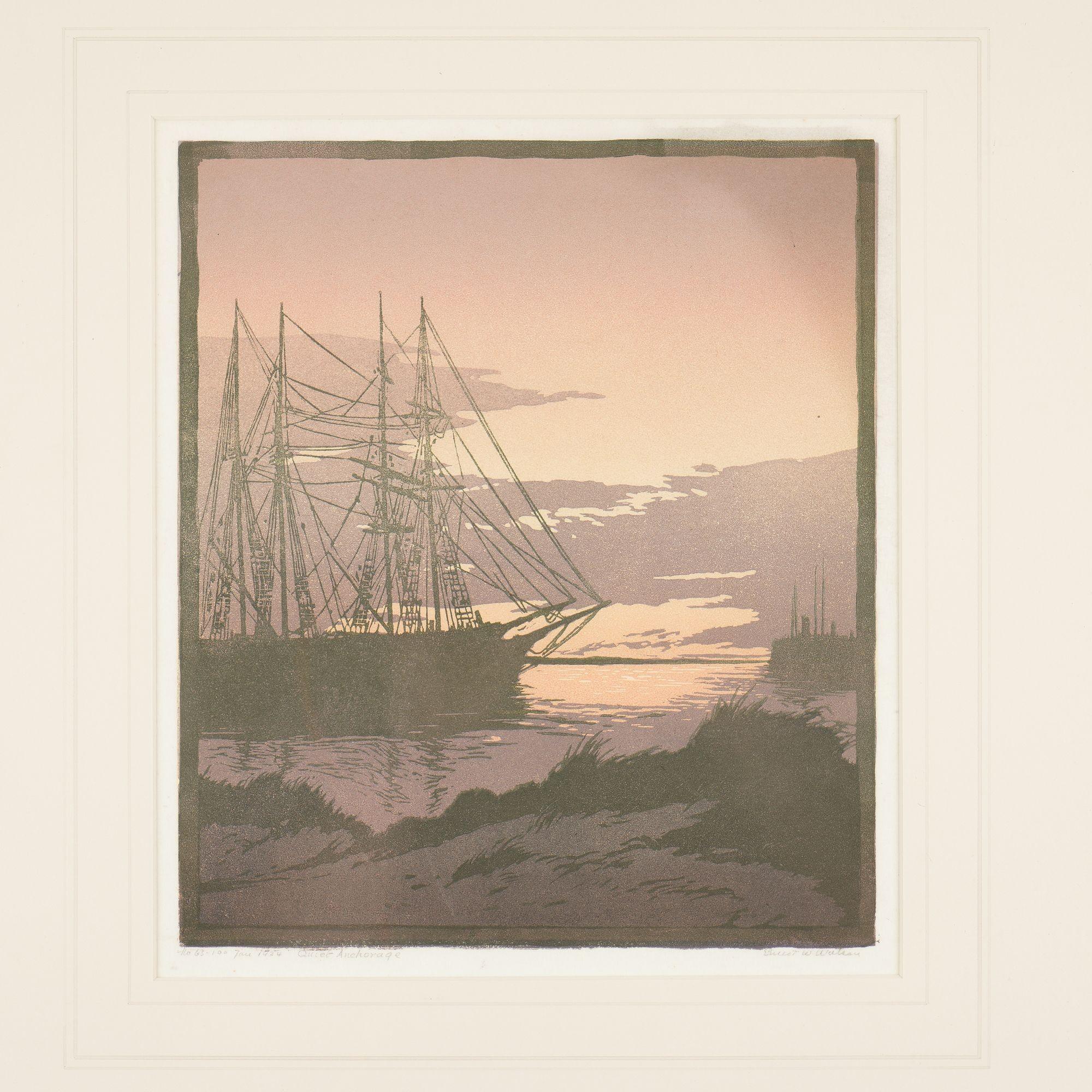 Linoleum block print of a moored sailing vessel at sunset, rendered in soft pastel oranges and purples. Mounted in its original hand carved frame.

Numbered and dated in graphite
Signed in graphite, LR: Ernest W Watson

American, 1924.