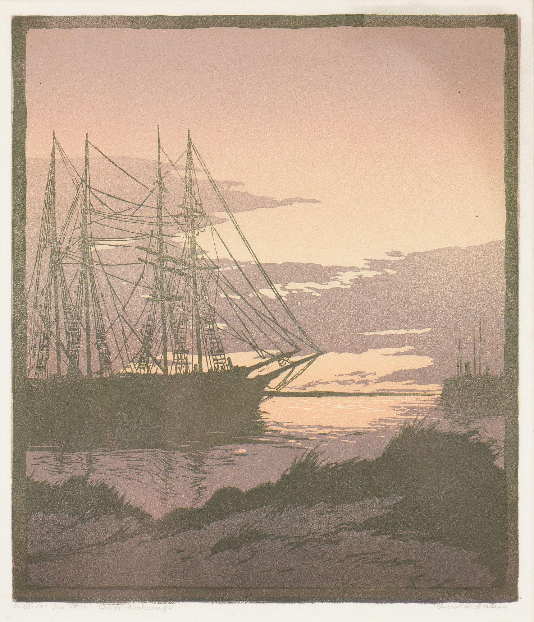 American Quiet Anchorage by Ernest William Watson, 1924 For Sale