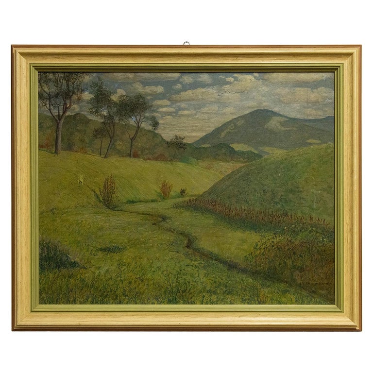 Quiet Countryside Landscape Vintage Austrian Painting For Sale At