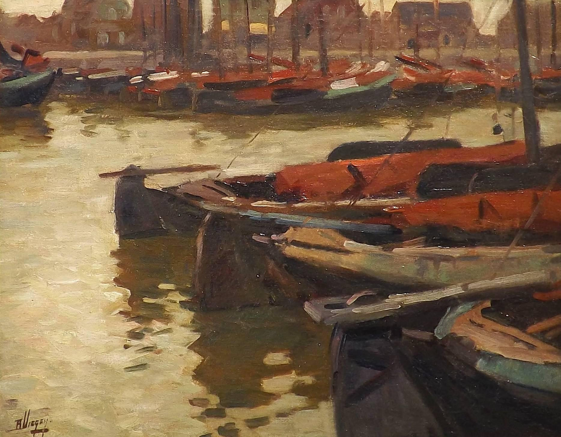 A masterfully painted scene of a quiet fishing harbor painted by the Dutch artist Benard 'Ben' Viegers. The waning light casts dappled shadows on the water surrounding the small fishing boats, their gear carefully stowed in preparation for morning's