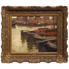 Antique Quiet Harbor Scene, Oil Painting by Dutch Artist Ben Viegers