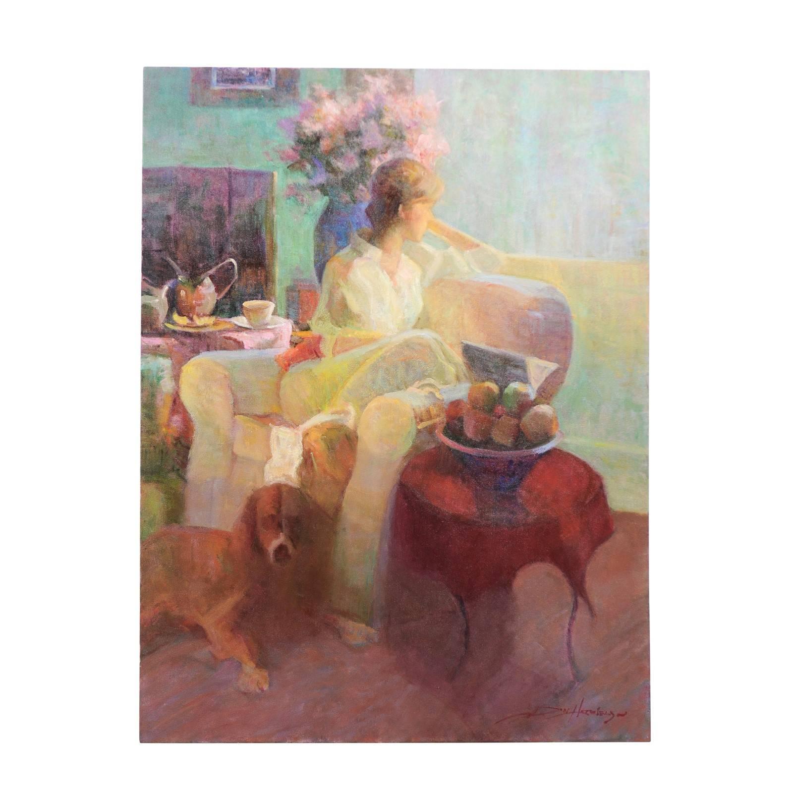 'Quiet Morning' is a contemporary framed oil painting created by American artist Don Hatfield (1947 - Present). Featuring a vertical format, this painting depicts an interior scene, centered around a contemplative young woman, her face turned away