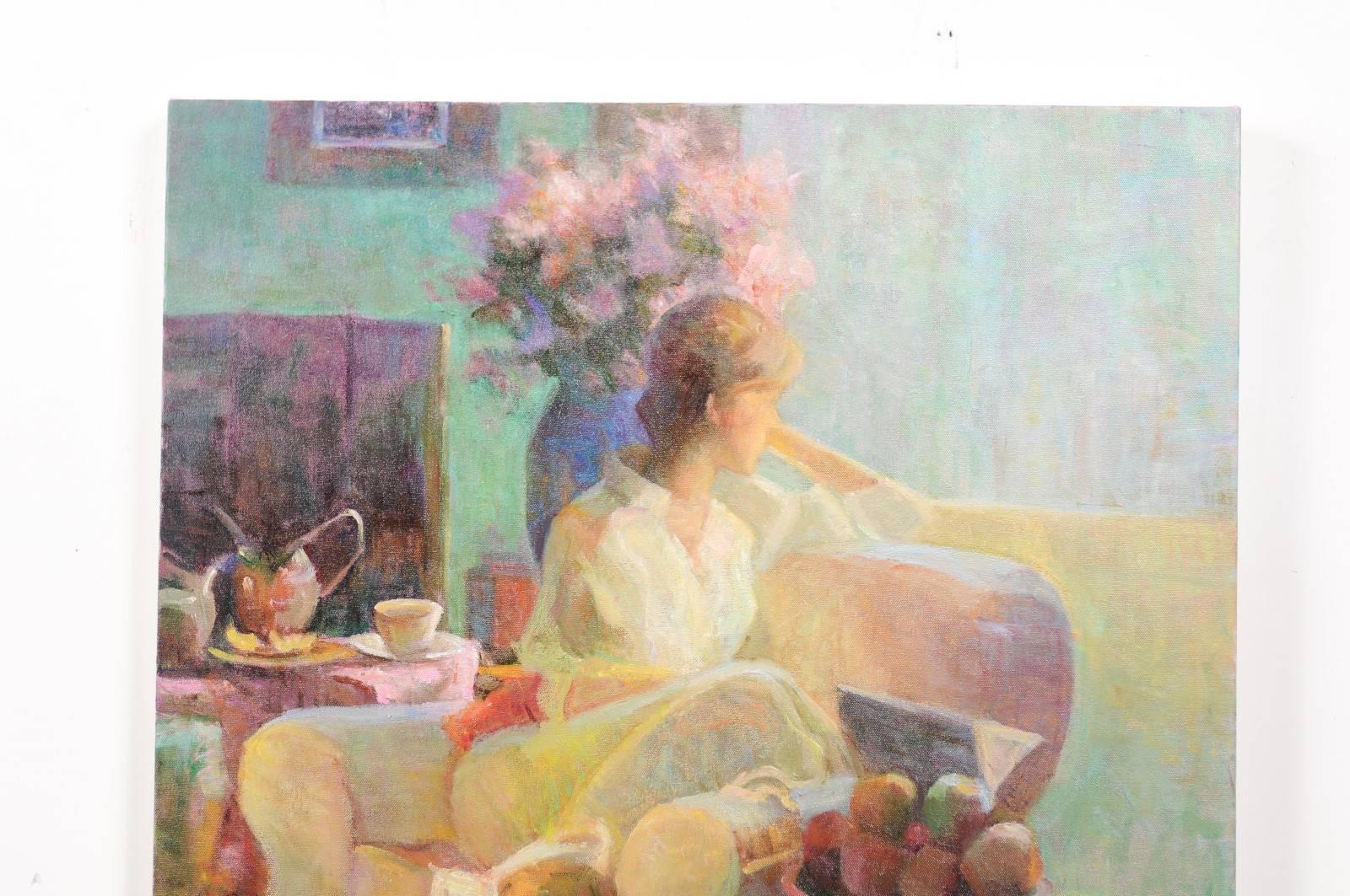 Gilt Quiet Morning, Don Hatfield Framed Vertical Interior Scene Oil Painting, 2010s