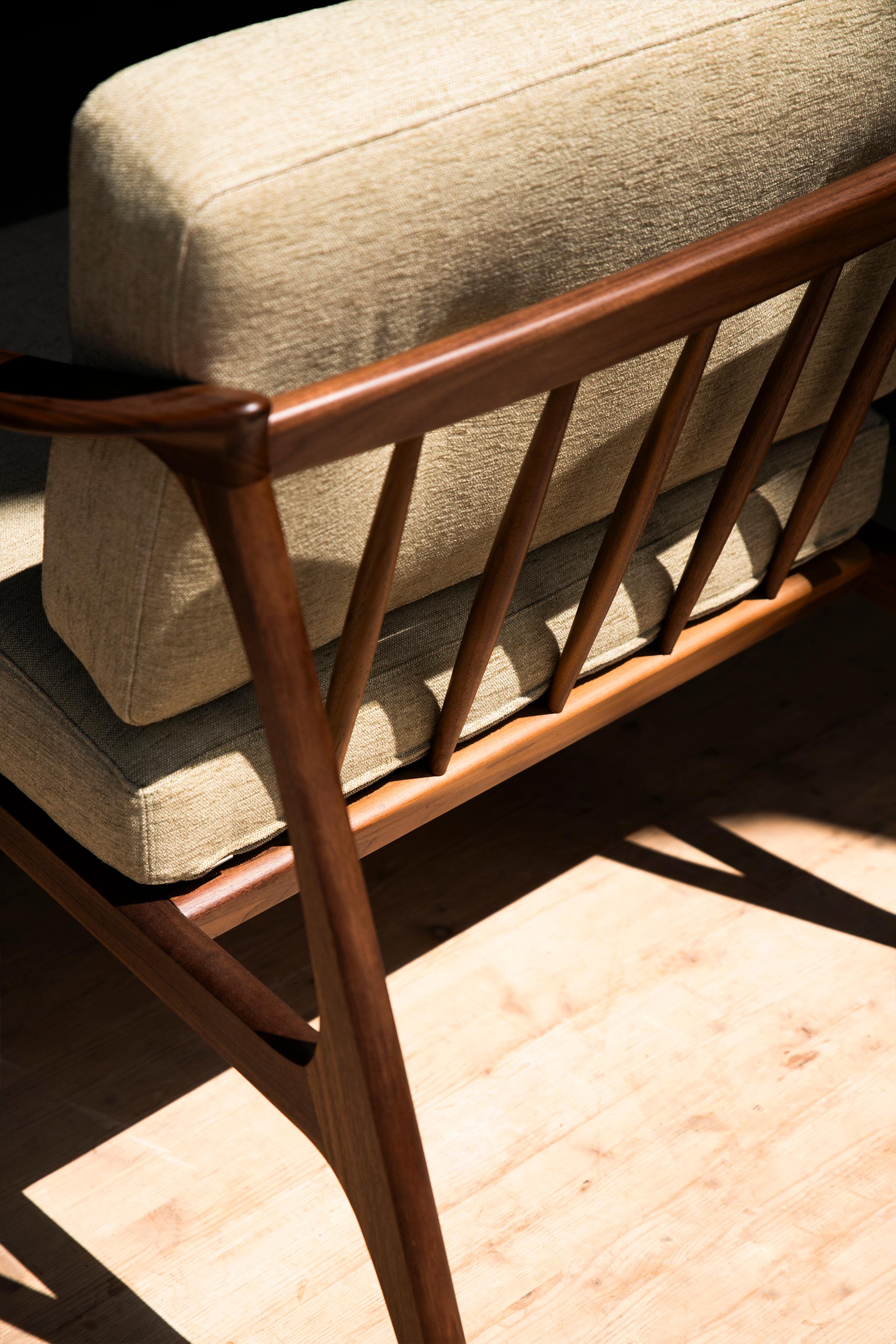 Textile Quiete Solid Wood Armchair, Walnut Hand-Made Natural Grey Finish, Contemporary For Sale