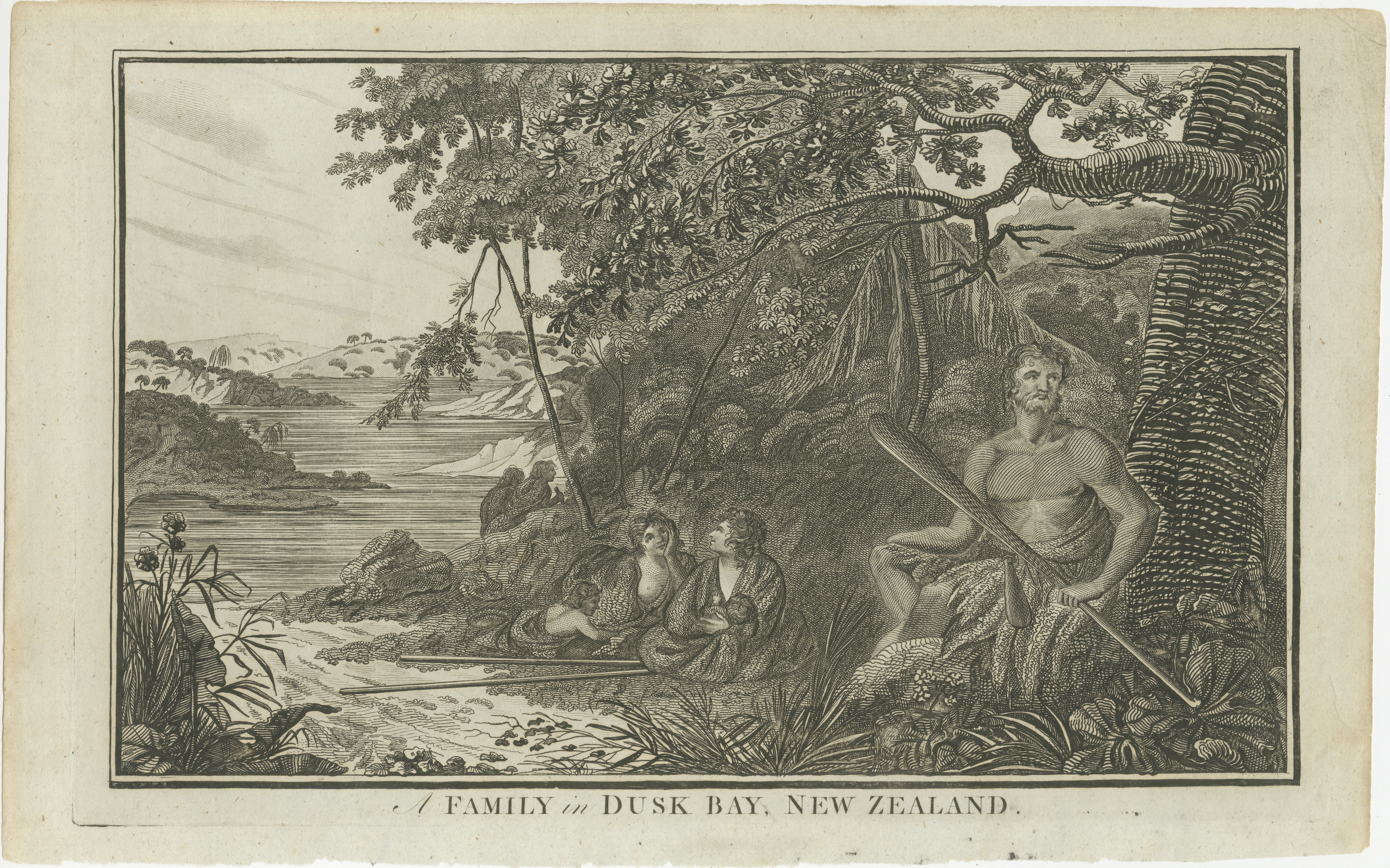 The image is an 18th-century engraving showing a family in Dusky Bay, New Zealand. It depicts a tranquil scene with three individuals, presumably a family, in a coastal forest setting. The man is sitting on the ground, holding what appears to be a