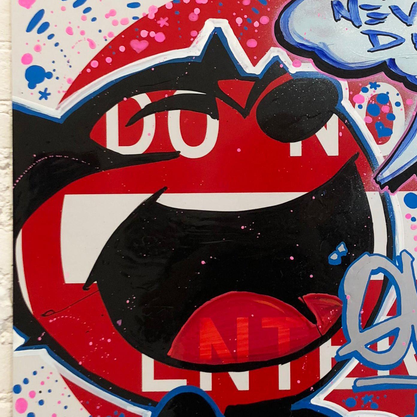 Quik's piece is acrylic and oil paint on an authentic street sign.

Growing up in Queens, NY, Lin Felton a.k.a. QUIK (American, b.1958) started tagging around his neighborhood during the 1970s. By the 1980s, he was one of the few New York Graffiti