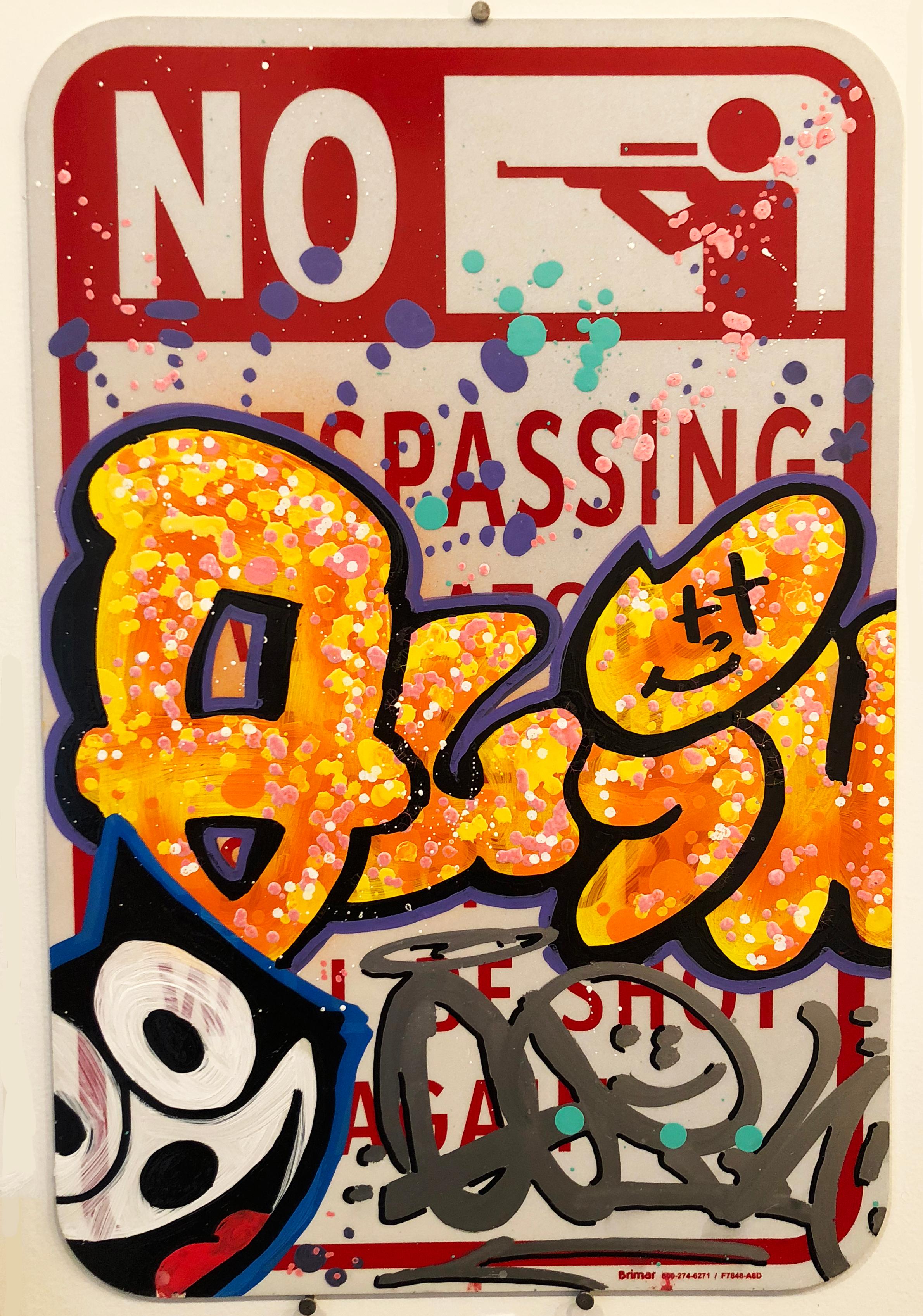 Quik's piece is acrylic and oil paint on an authentic street sign.

Growing up in Queens, NY, Lin Felton a.k.a. QUIK (American, b.1958) started tagging around his neighborhood during the 1970s. By the 1980s, he was one of the few New York Graffiti