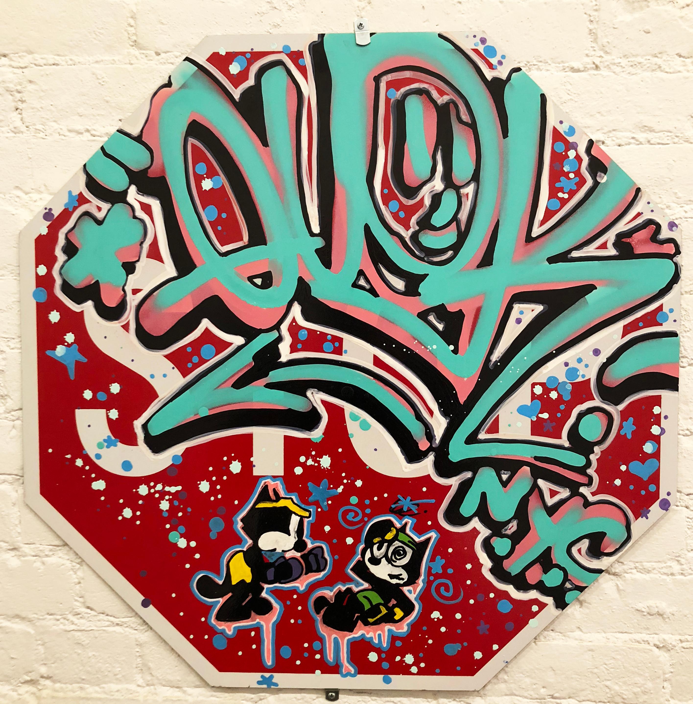 Quik's piece is acrylic and oil paint on an authentic street sign.

Growing up in Queens, NY, Lin Felton a.k.a. QUIK (American, b.1958) started tagging around his neighborhood during the 1970s. By the 1980s, he was one of the few New York Graffiti