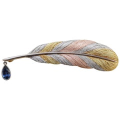 Quill Pen Gold and Sapphire Brooch