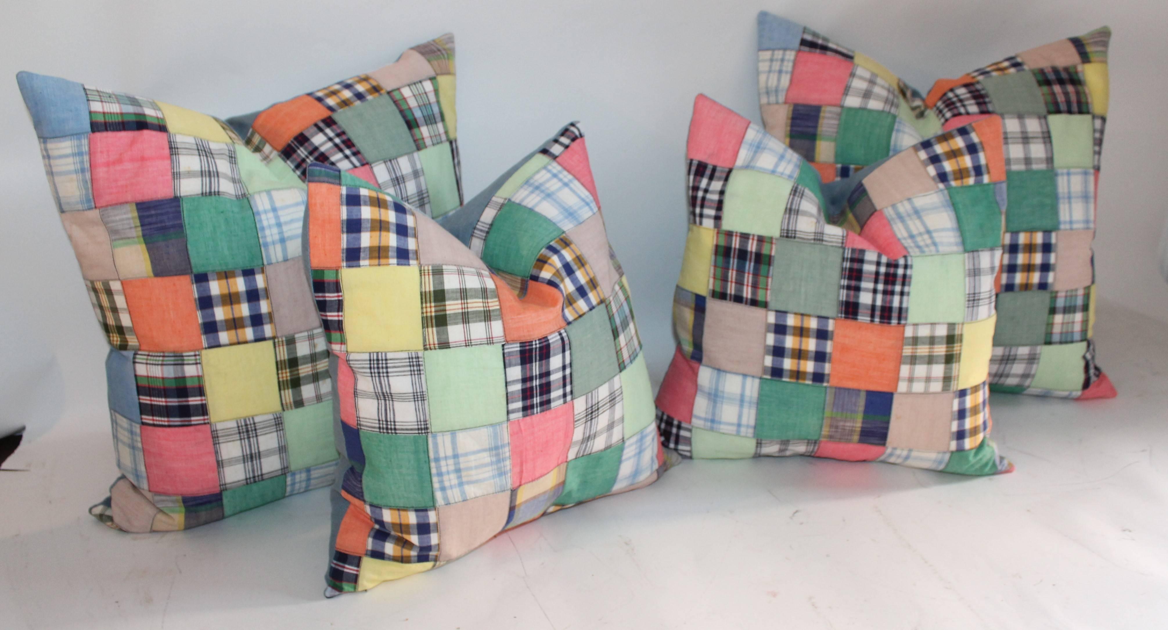 These two pairs of quilt patch pillows are made from hand made quilt top and are backed in blue cotton linen. We are selling the collection as one.

Smaller pillows measure 17 x 17
Larger pillows measure 22 x 22.