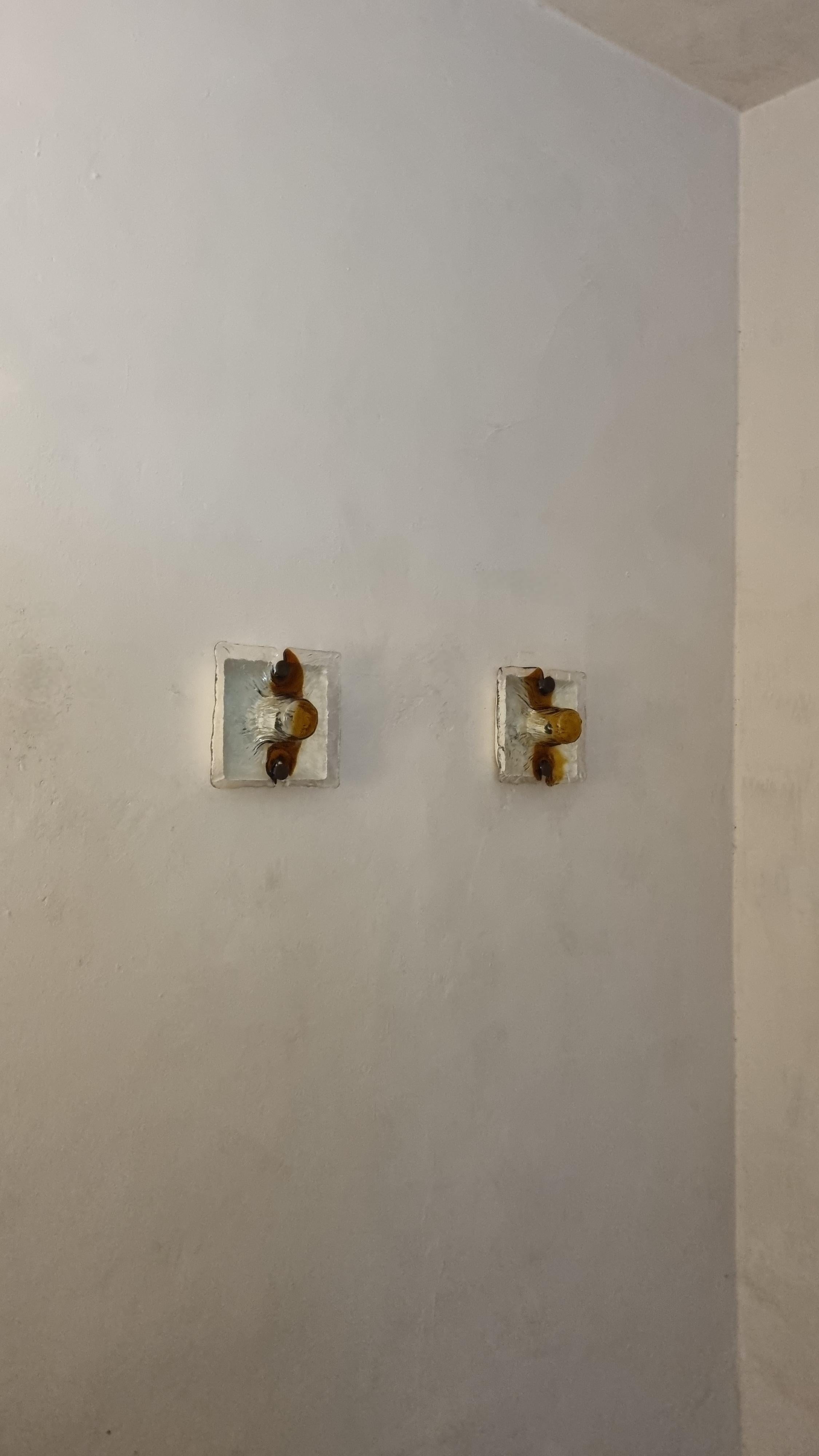 Lampade a parete o soffitto disegnate da Toni Zuccheri nel 1970 per Venini. 
Struttura in metallo verniciato e ottone, paralume in  vetro di Murano , eccellenti condizioni, impianto elettrico revisionato.

Figlio del pittore animalista Luigi