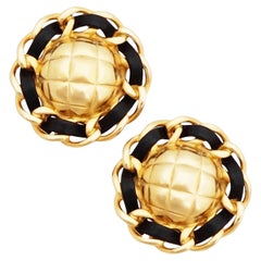 Quilted  Earrings With Woven Chain Link And Black Leather Halo By Erwin Pearl