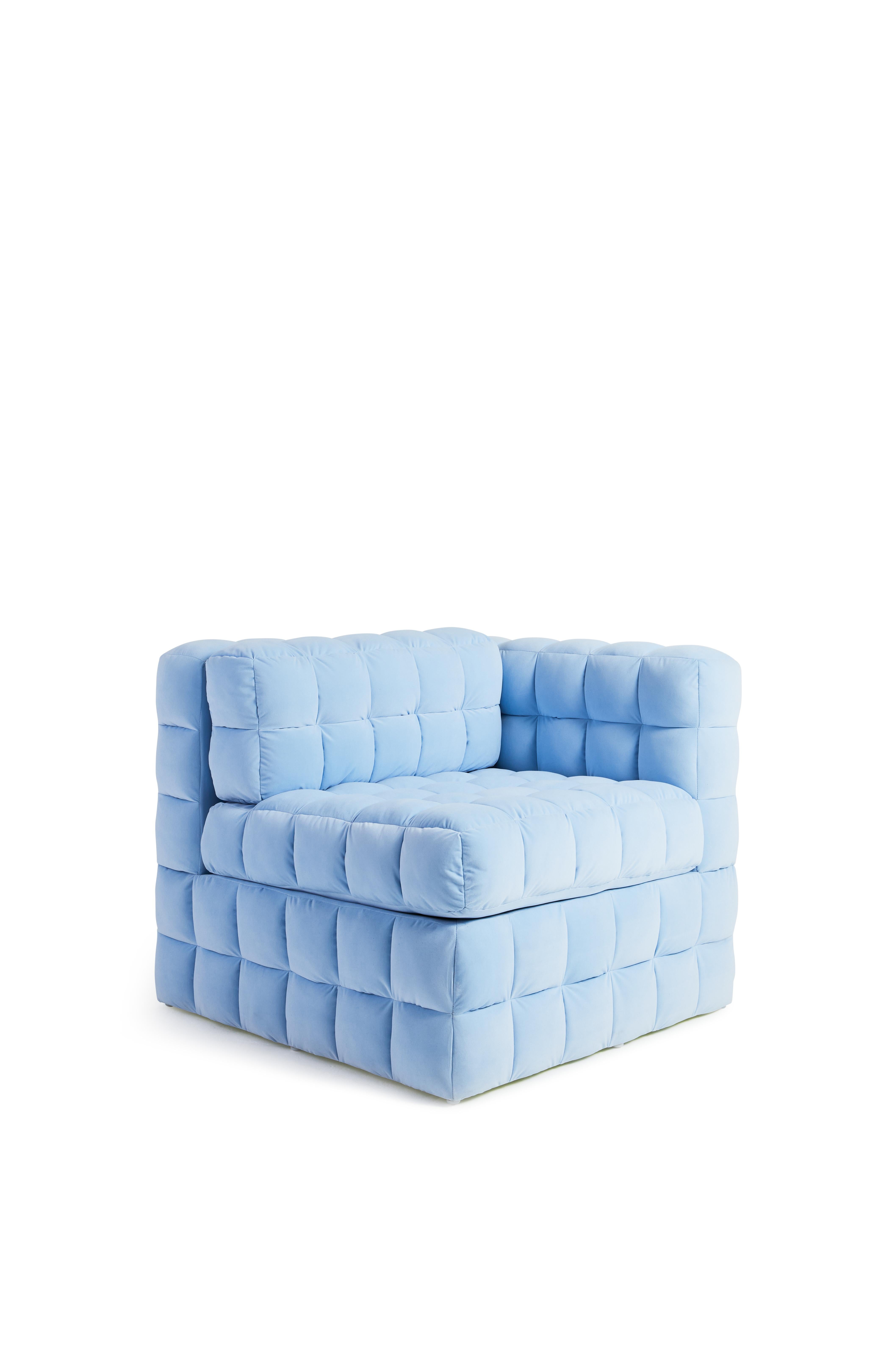 The Modular Ambrose club chair modernizes the quilted craft by eliminating the patchwork and increasing the puff. This chair features a hand-tied spring base. This chair is comfortable yet tailored. Each puff is hand stuffed and formed. This club