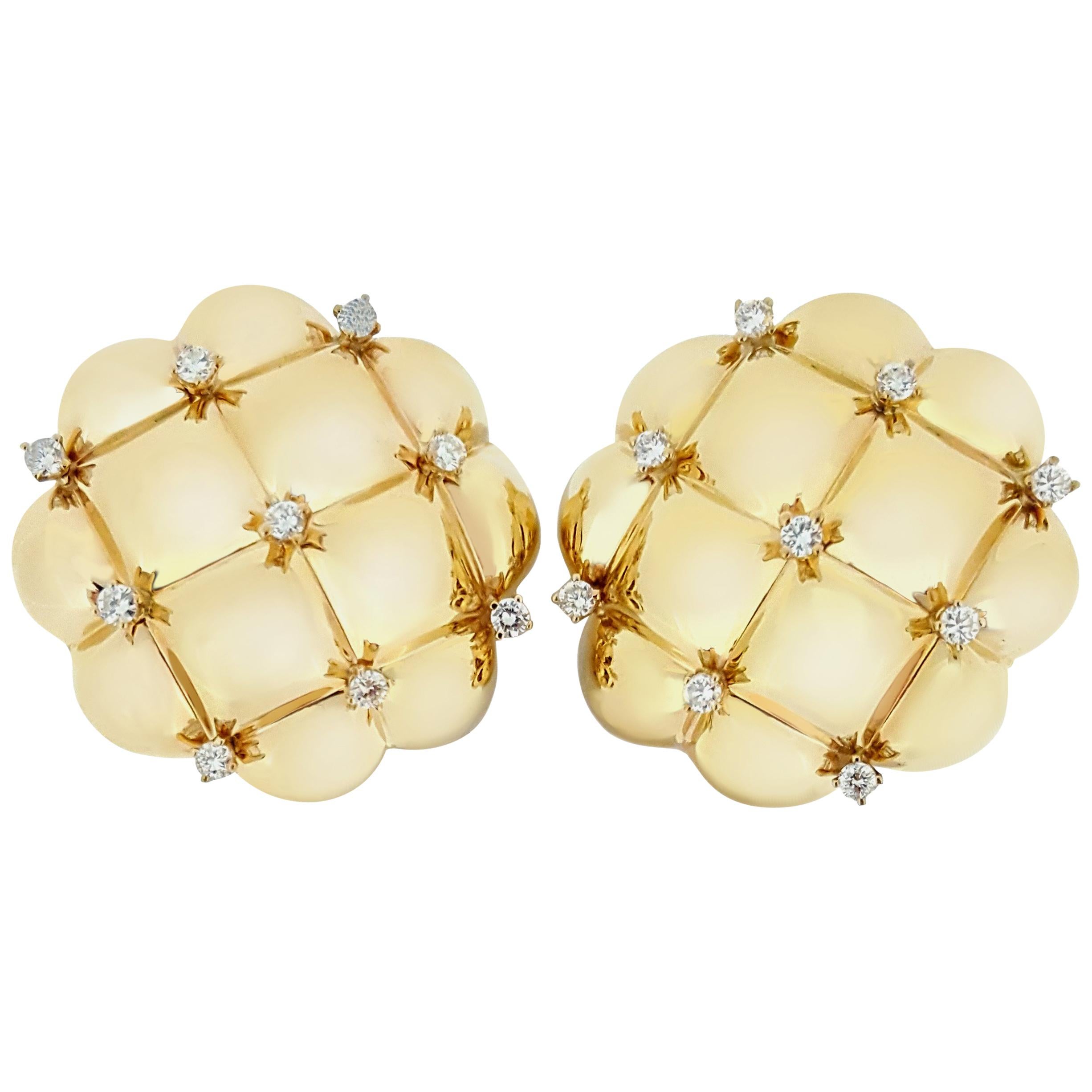 Quilted Pattern Yellow Gold and Diamond Clip Earrings