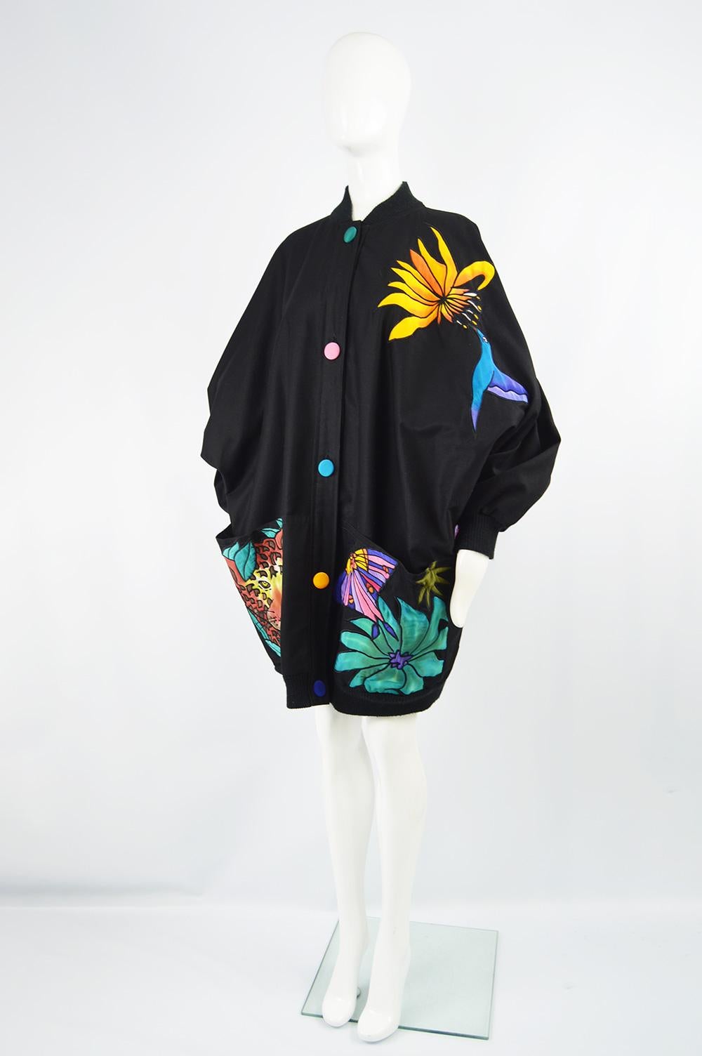 Women's Quilted Silk Applique & Black Cotton Vintage Jungle Theme Extreme Batwing Jacket