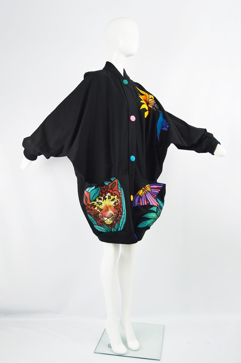 Quilted Silk Applique & Black Cotton Vintage Jungle Theme Extreme Batwing Jacket 2