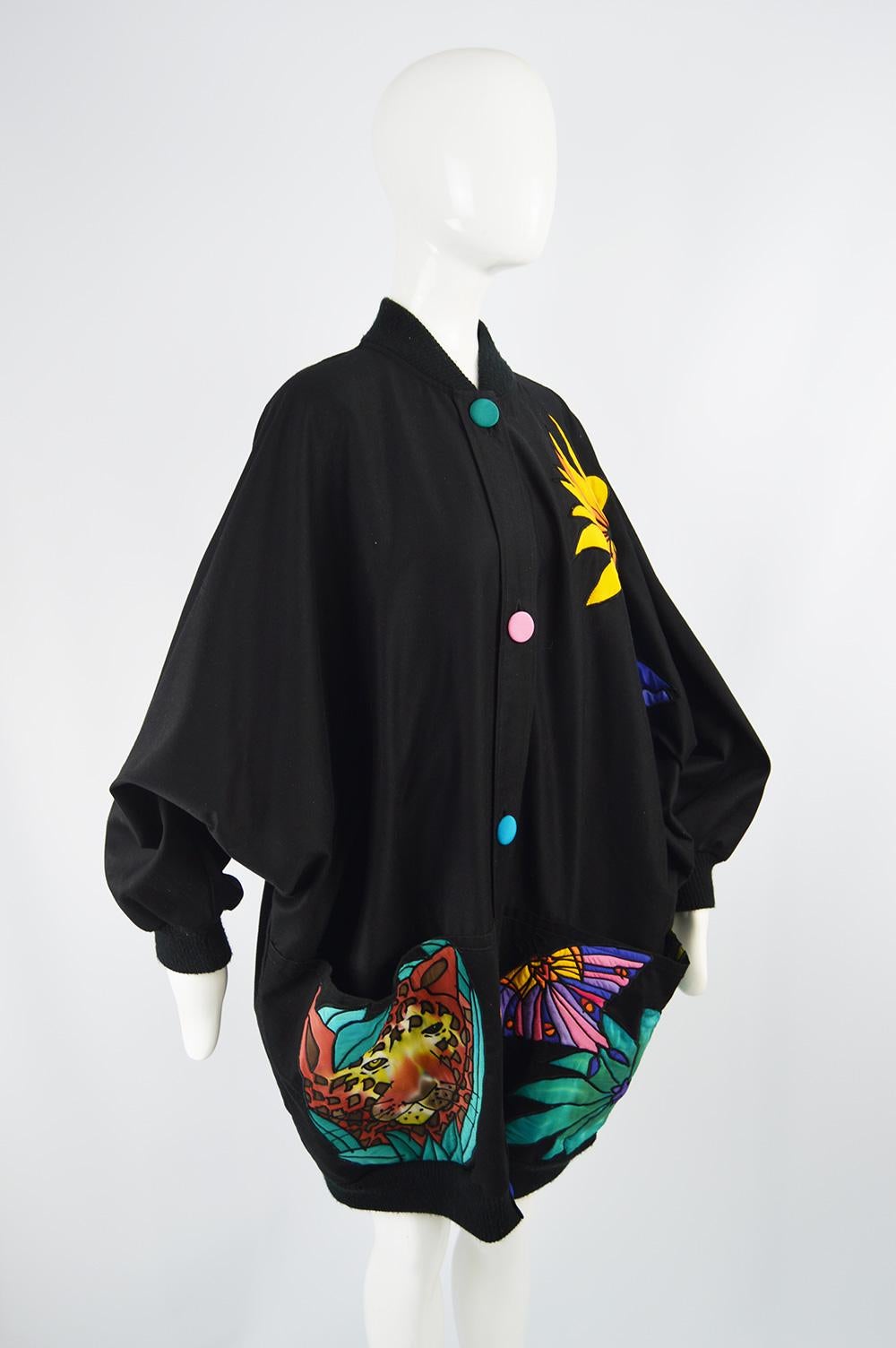 Quilted Silk Applique & Black Cotton Vintage Jungle Theme Extreme Batwing Jacket 3