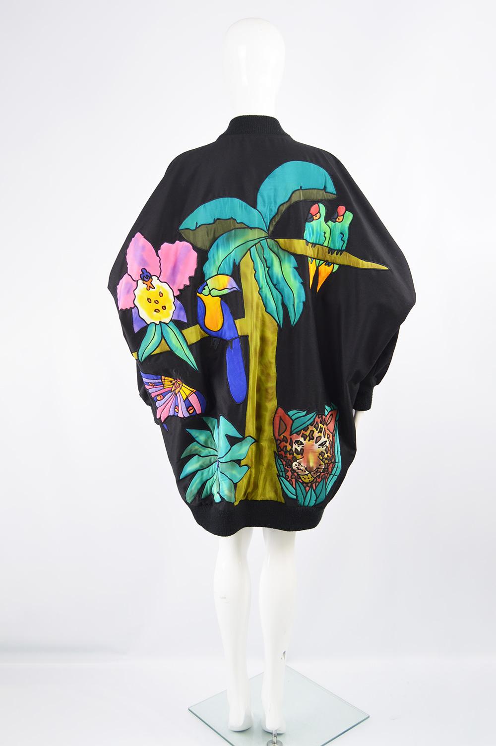 Quilted Silk Applique & Black Cotton Vintage Jungle Theme Extreme Batwing Jacket 5