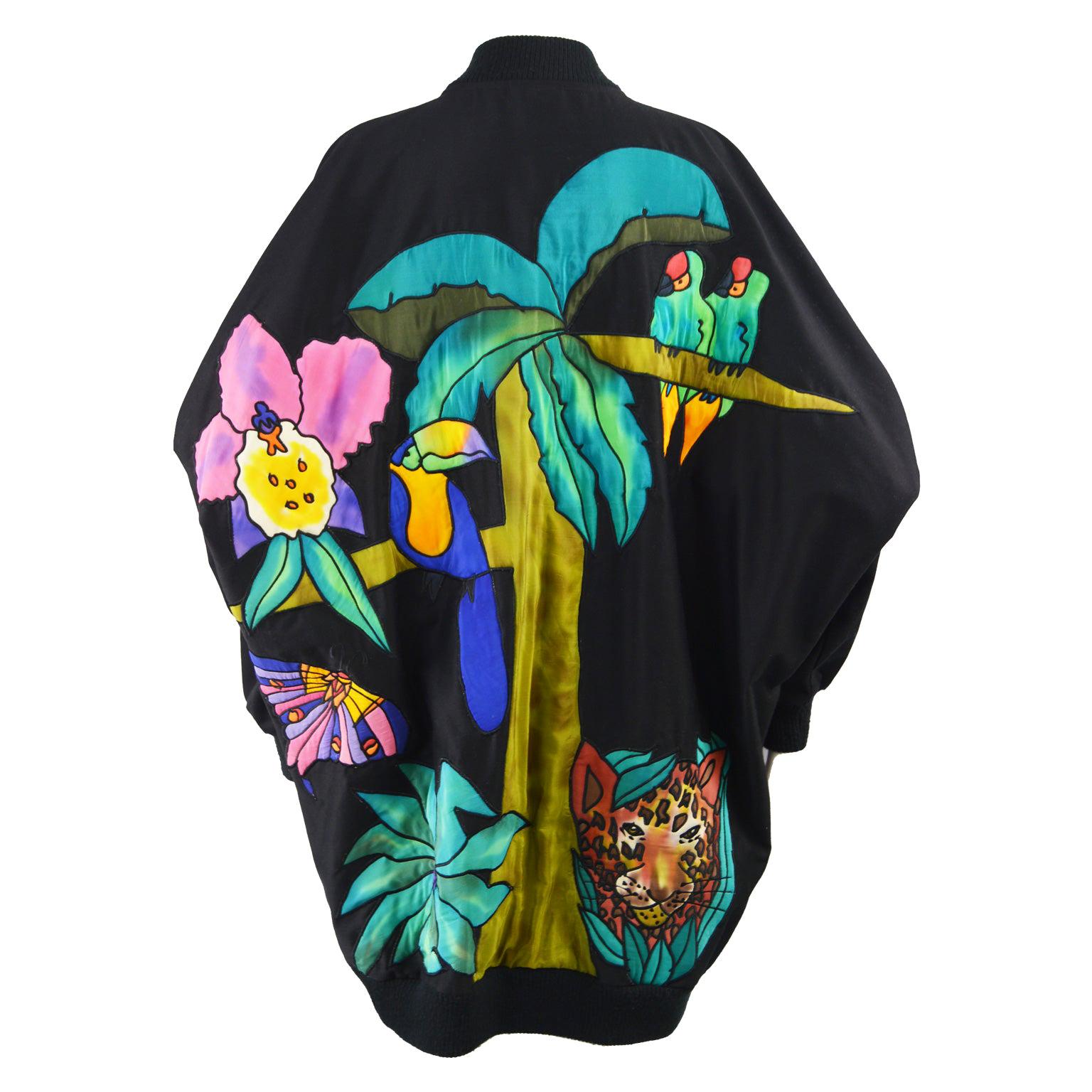 Quilted Silk Applique & Black Cotton Vintage Jungle Theme Extreme Batwing Jacket